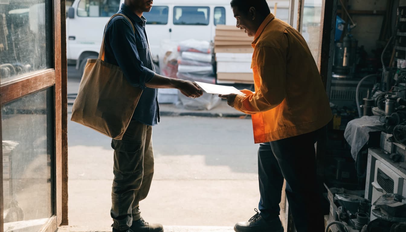 Two workshop colleagues exchange a customer folder near a service van.