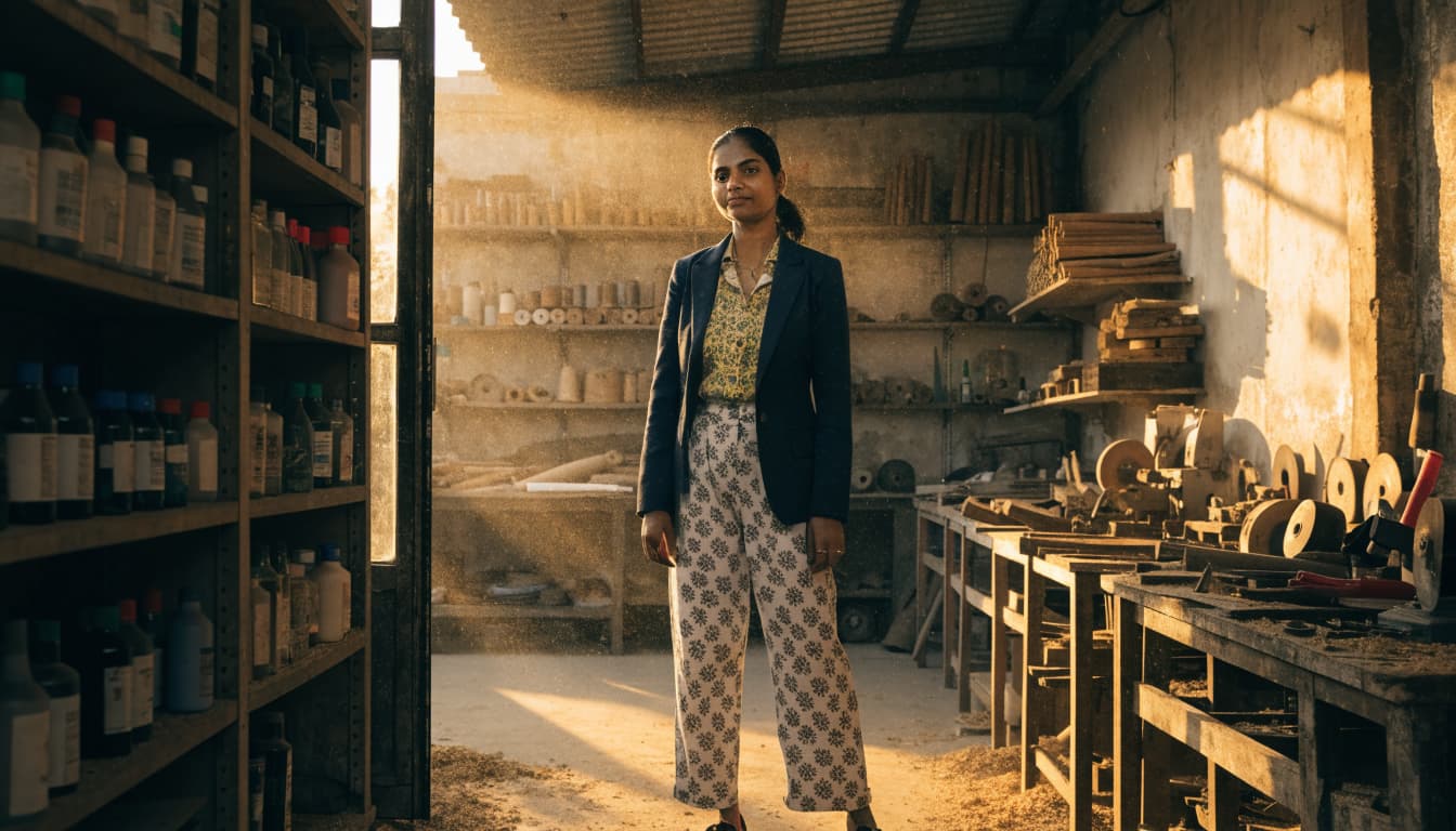 A workshop owner stands at the entrance, with tools and workstations behind them.