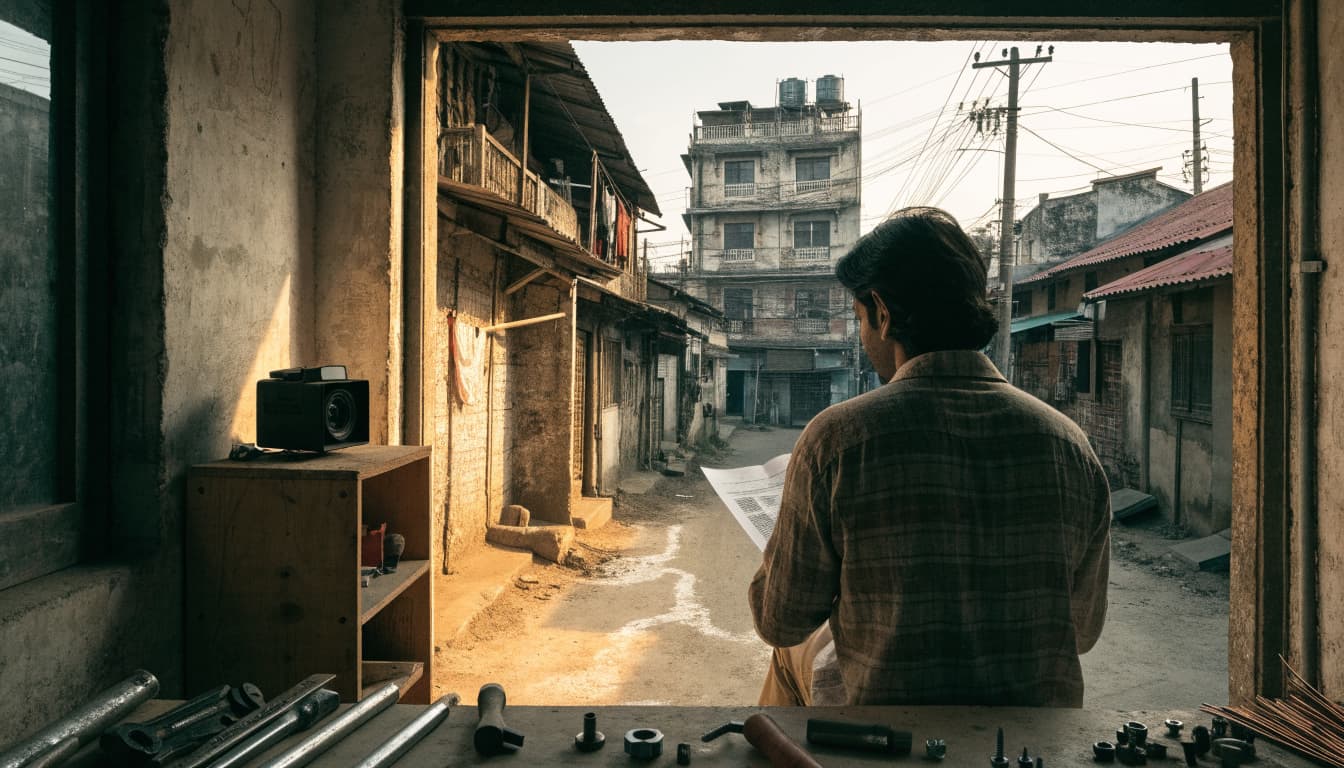 A workshop owner looks toward a sunny street, with tools nearby and a camera on a shelf.
