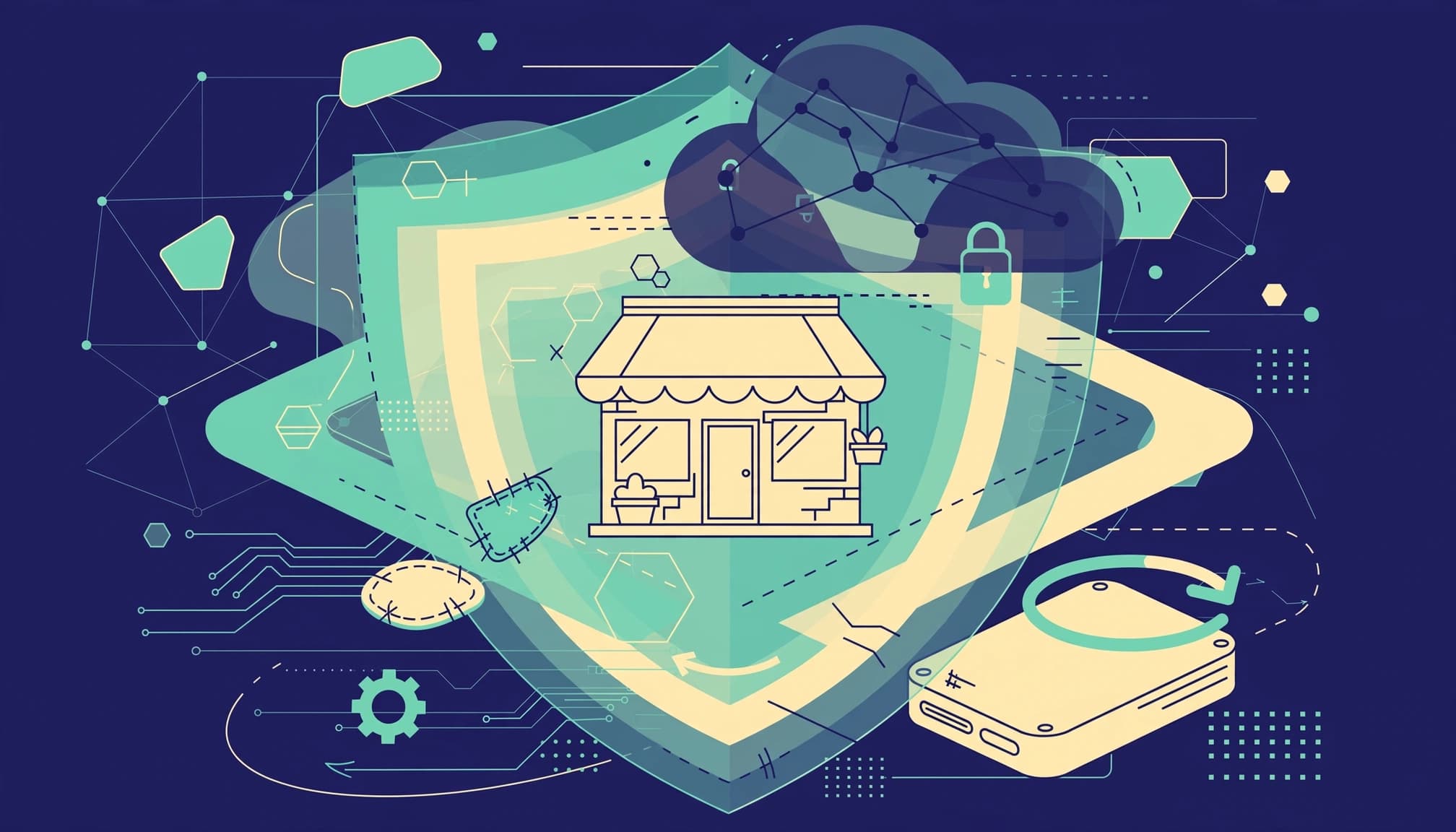 An abstract digital illustration of an ecommerce storefront protected by a shield, cloud, and backup drive.