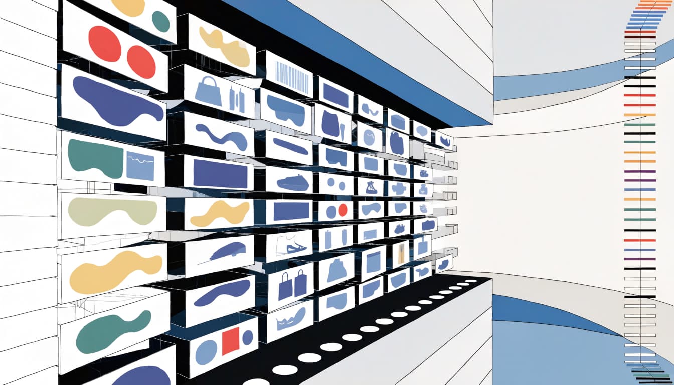 Colorful product panels extend downward beside a row of page markers.