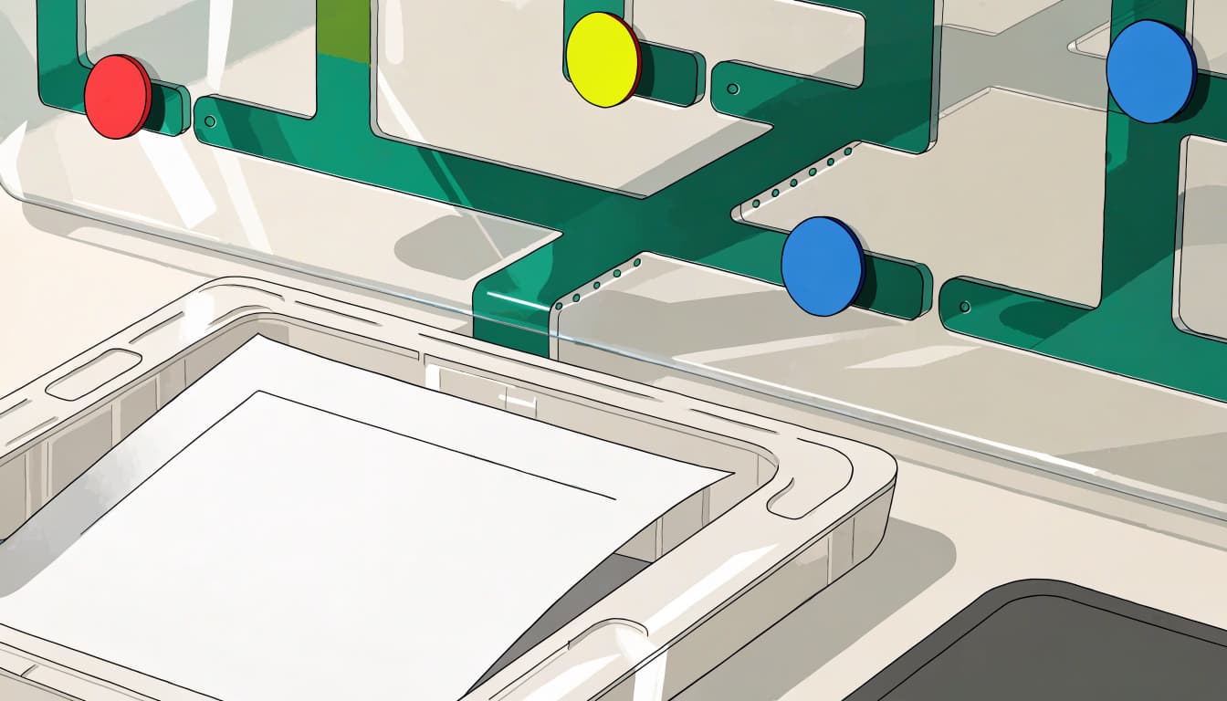 A blank inquiry slip sits in a tray before a branching board with colored markers.