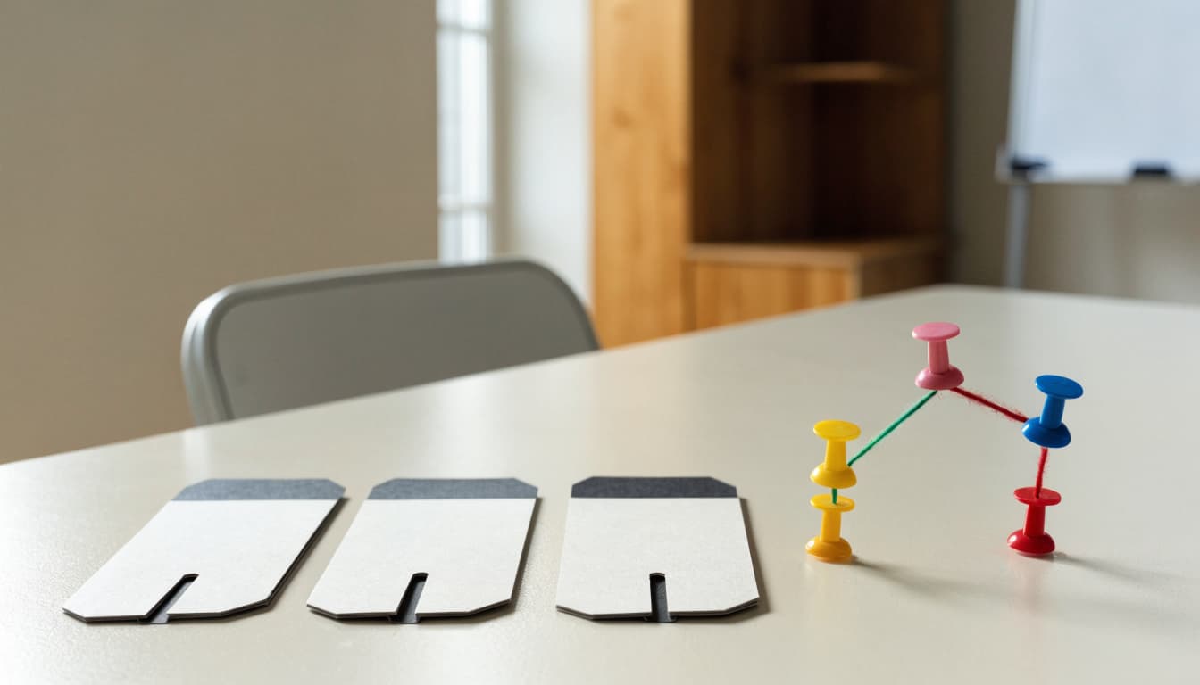 Three blank folders sit beside a branching path marked with colored pins and string.