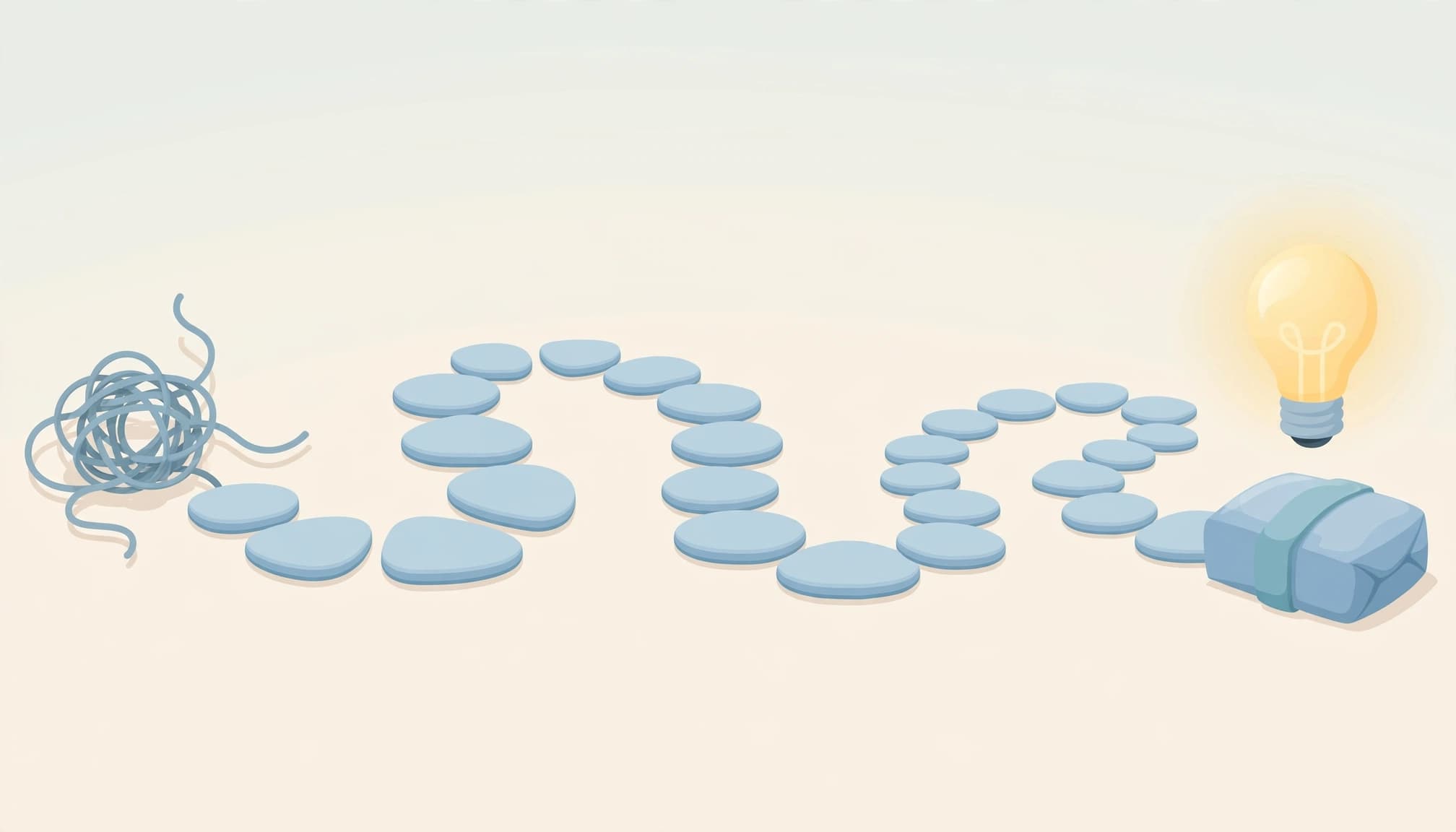 A flat illustration of a tangled string leading into a path of blue stones ending at a package and lightbulb.