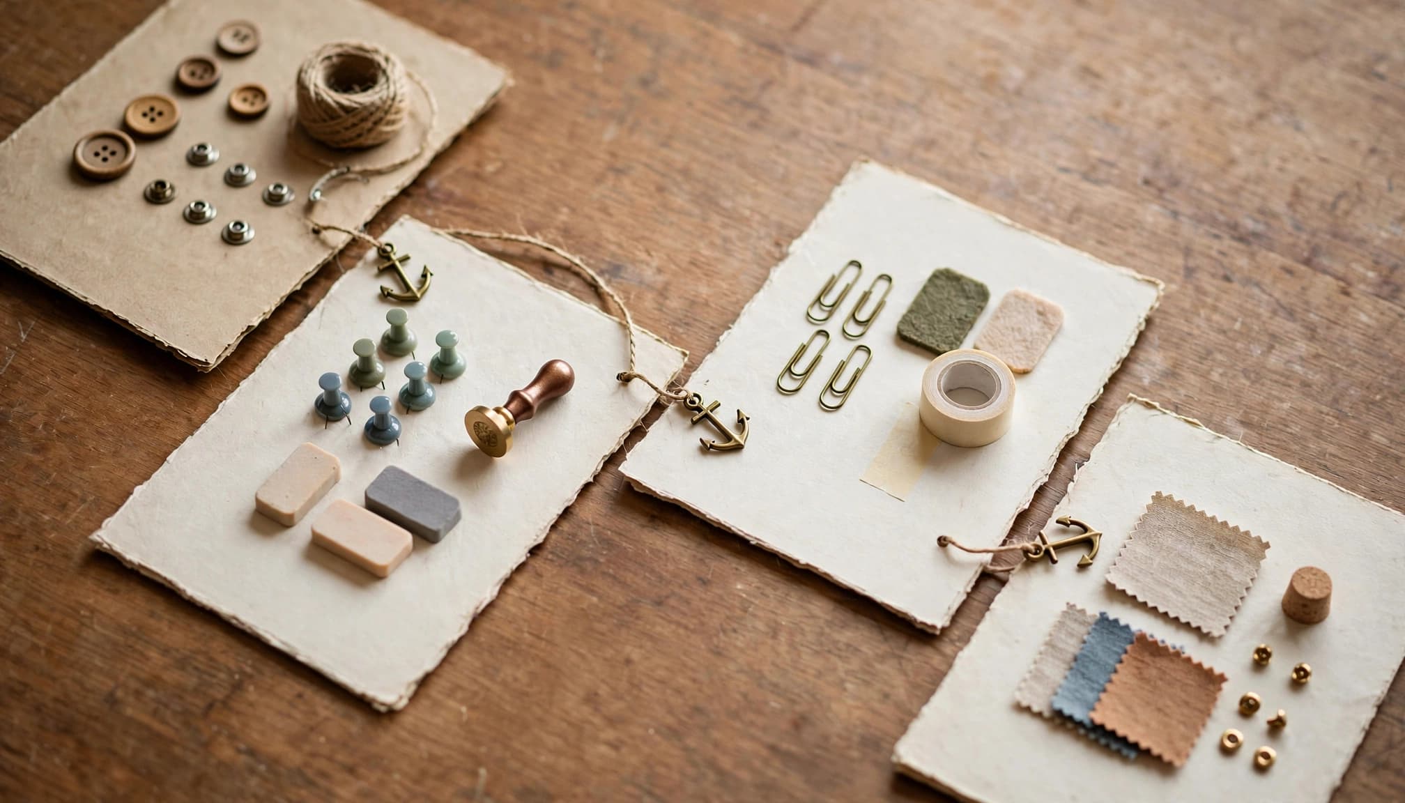 Four catalog pages connected by threads lie diagonally on a wooden table.
