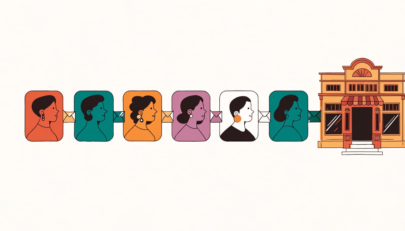 An illustration of six diverse profile cards connected by small envelopes leading to a storefront.
