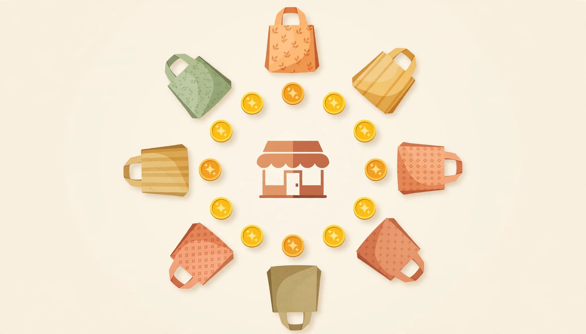 A storefront surrounded by repeat-shopping rewards.