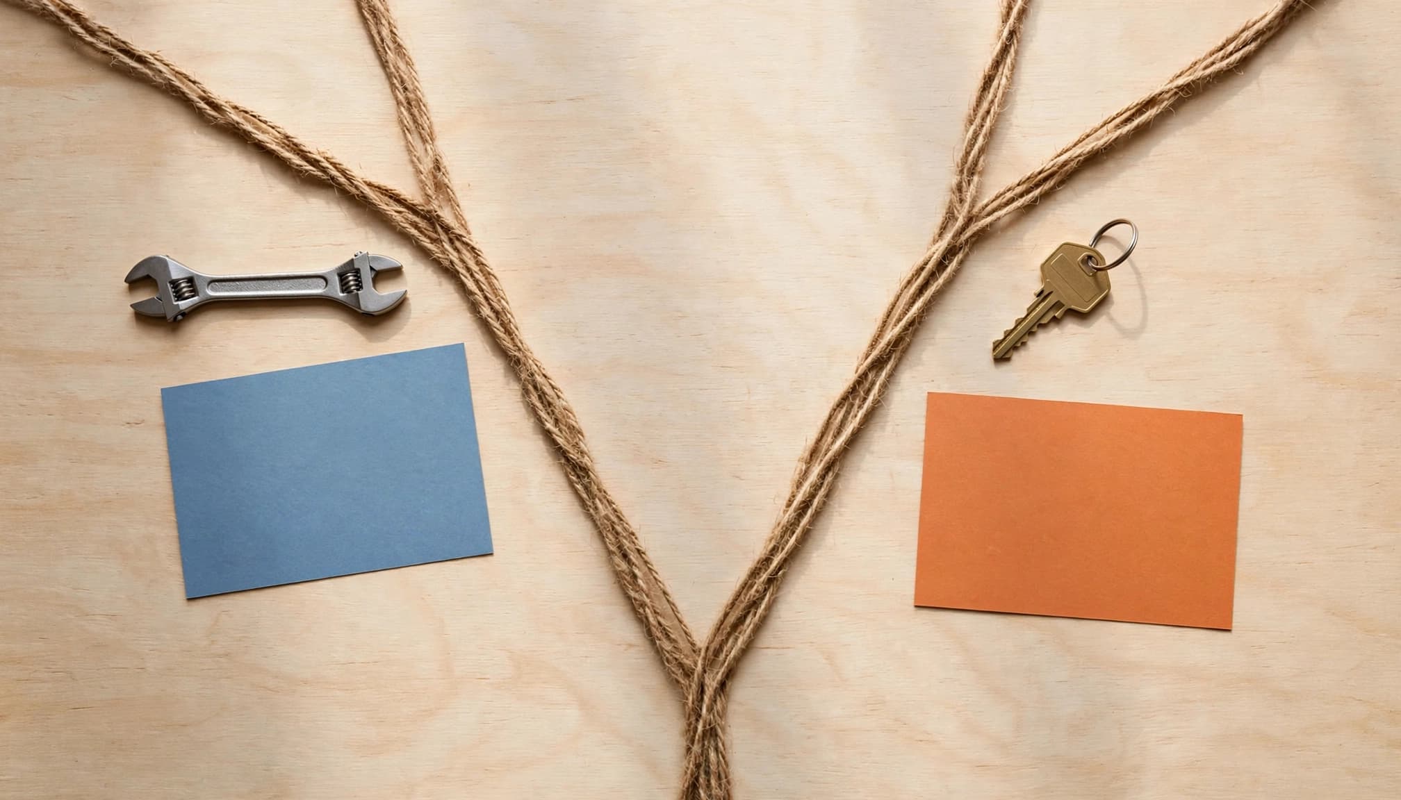 A wrench, house key, and two colored cards sit beside a forked string path.