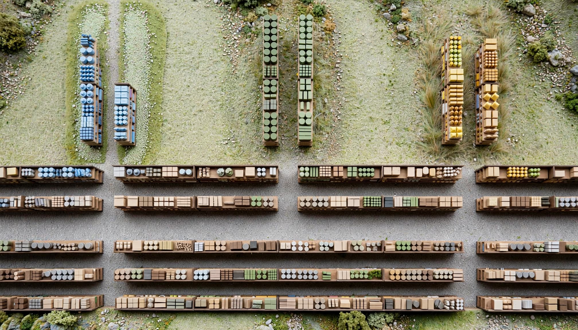 A miniature warehouse map with a central shelf aisle and separate side aisles.