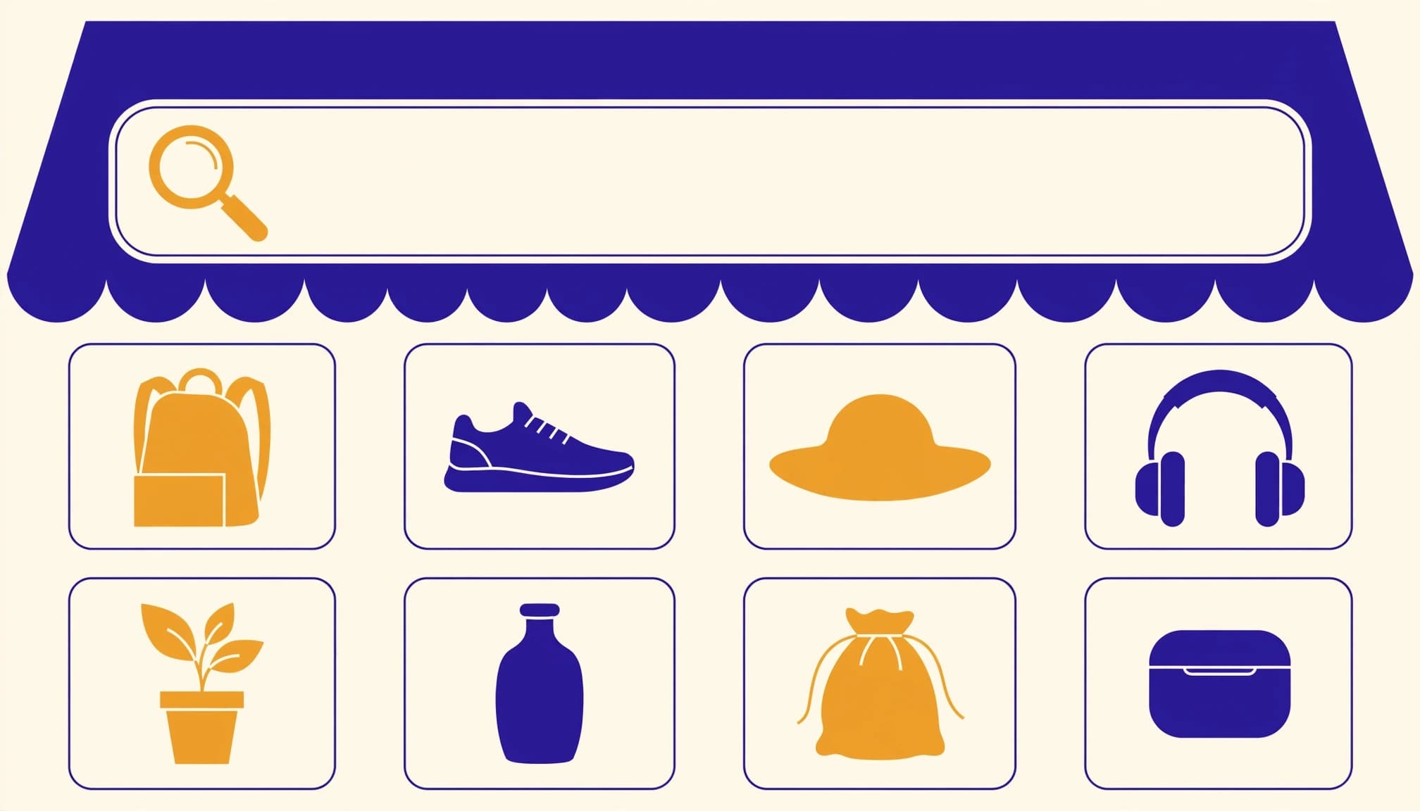 A minimalist storefront header with an empty search bar and product icons below.