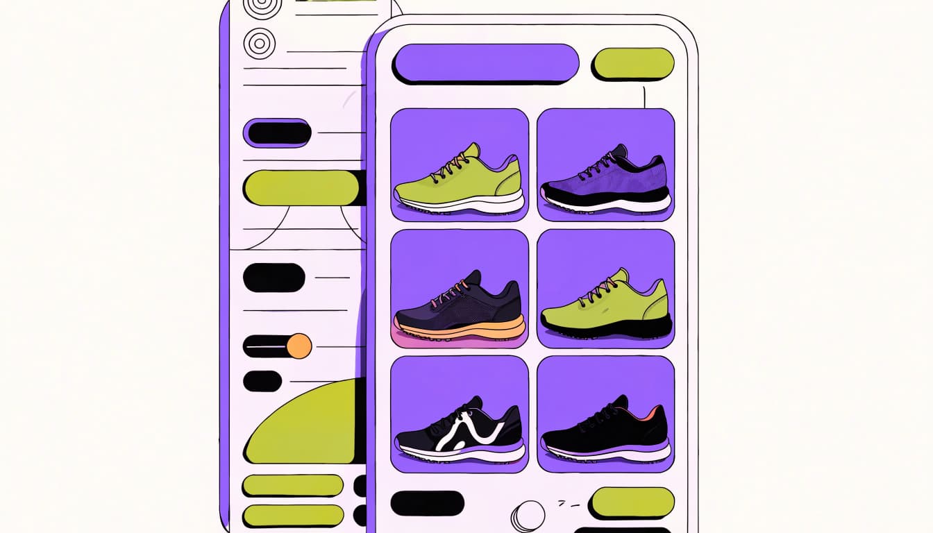 An illustration of a mobile shopping app interface showing a grid of colorful sneakers.
