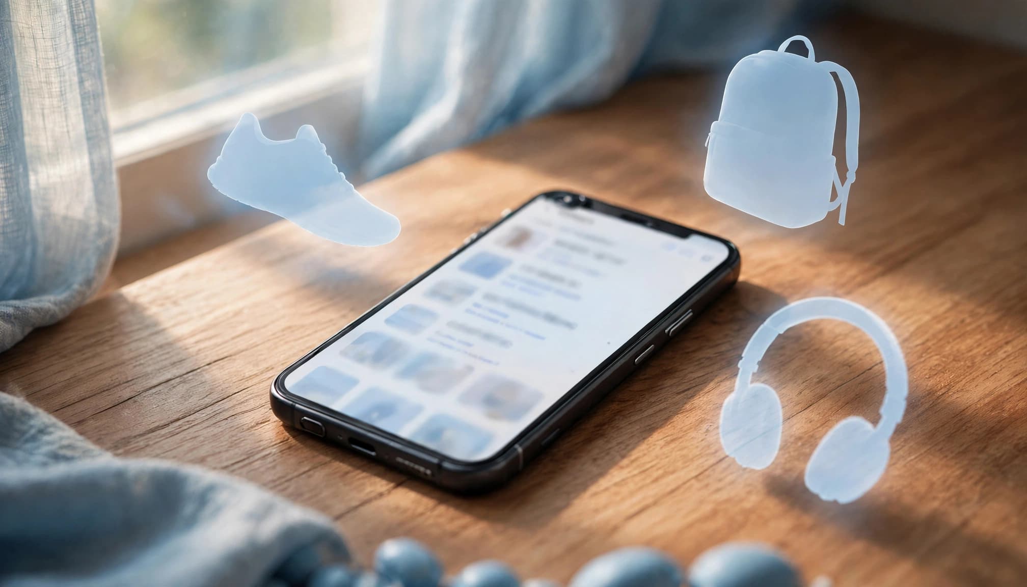 A smartphone on a wooden surface with three floating product silhouettes above it.