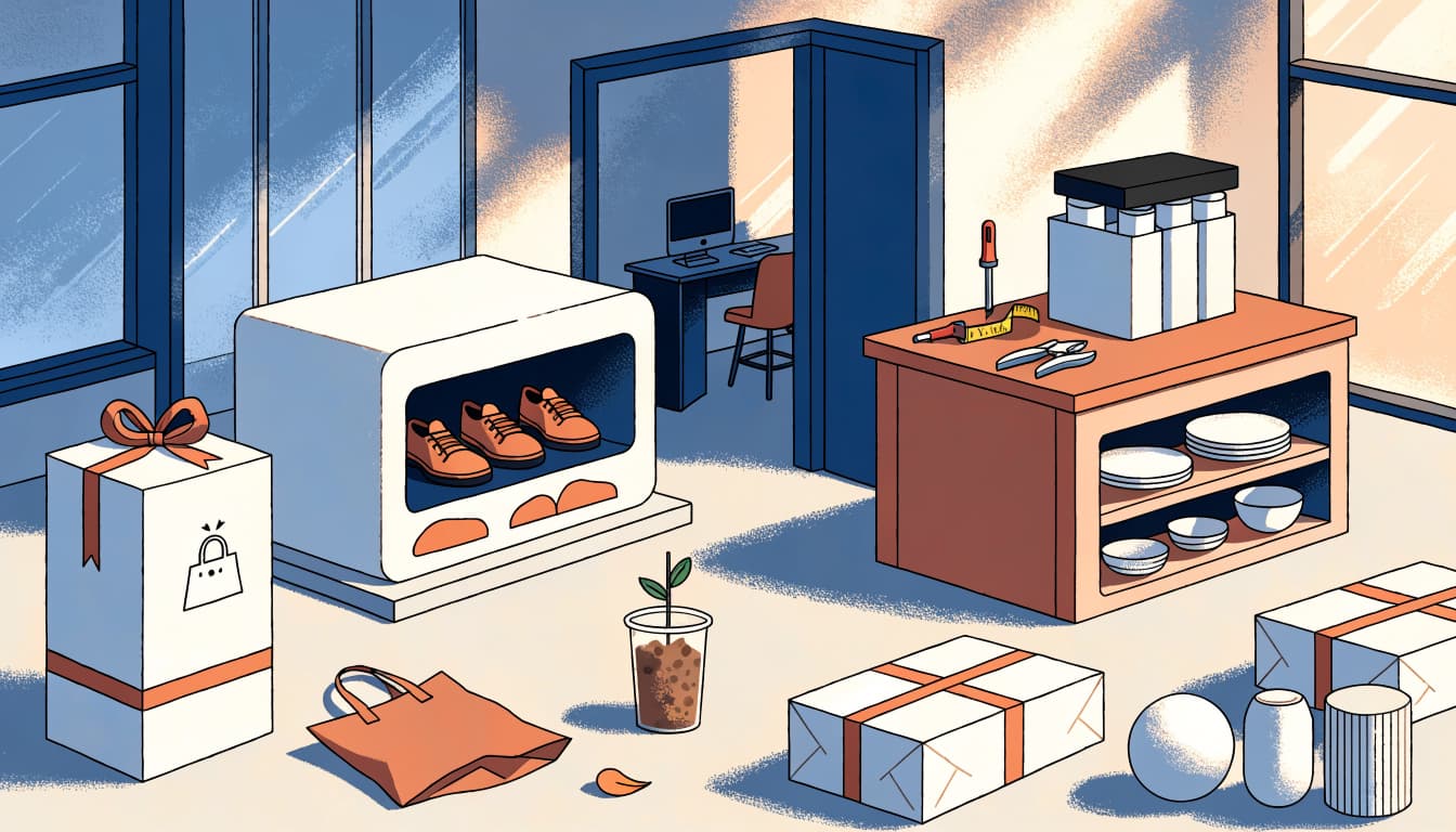 An illustration of an uncluttered studio with boxes, product samples, and two shop displays.