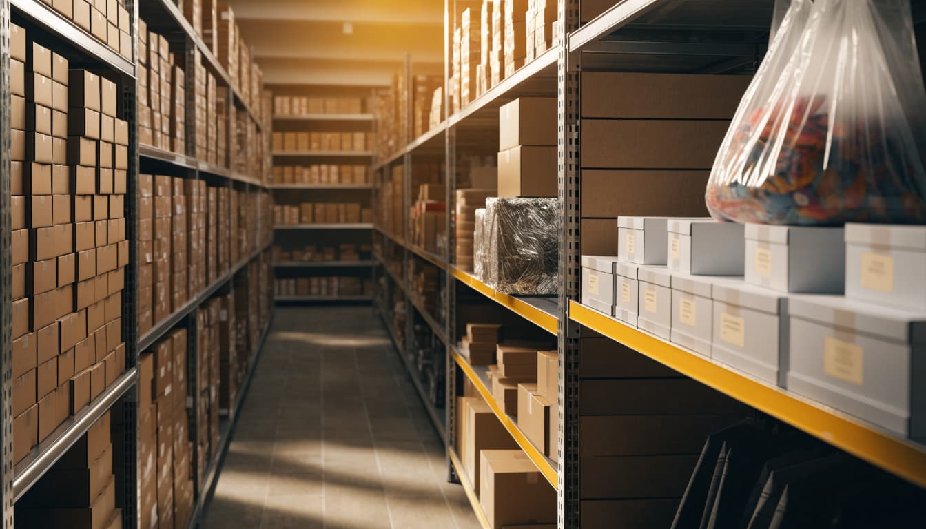 Shelves lead down a warm-lit aisle to a featured product and a stocked alternative.