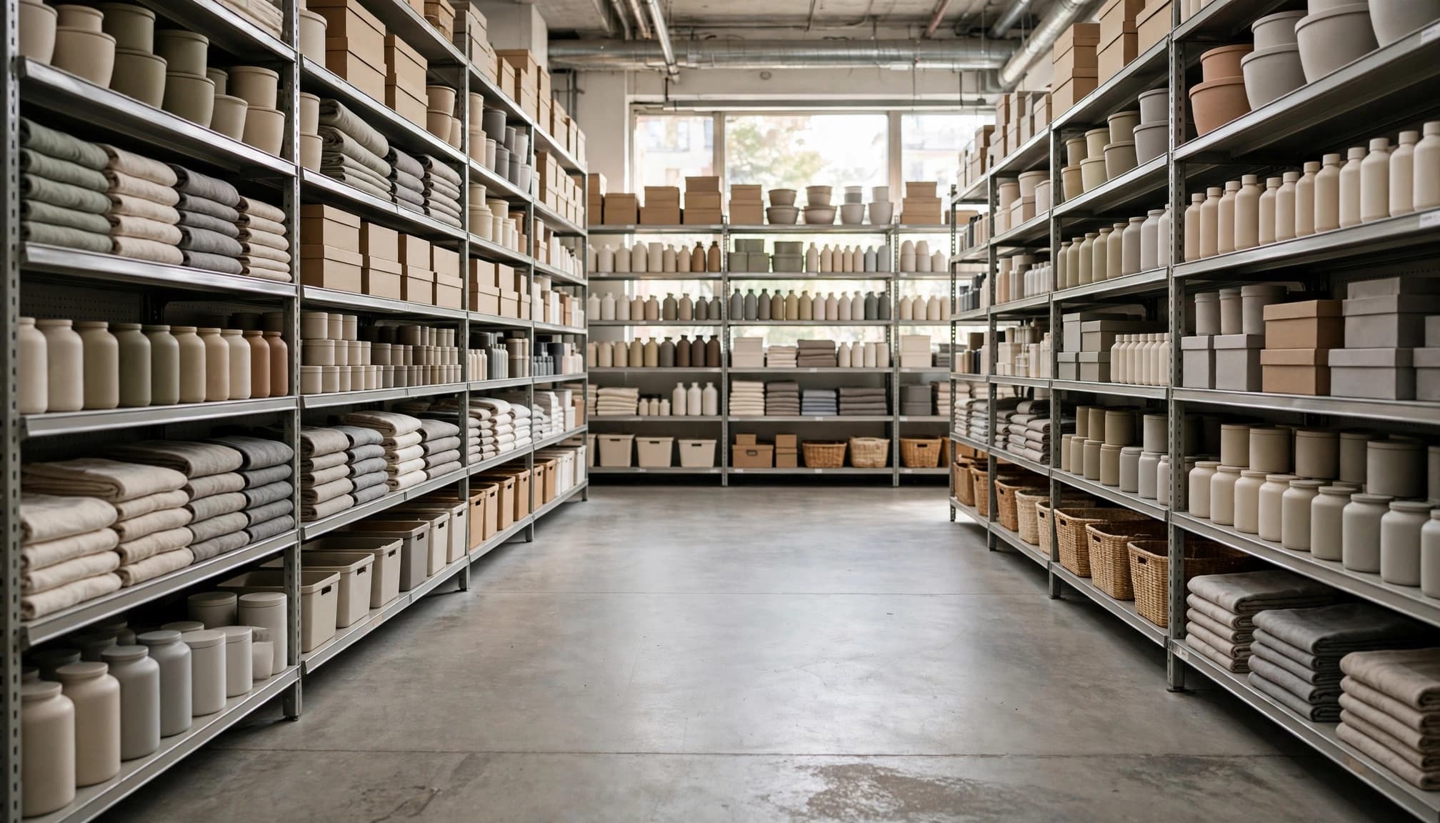Neatly arranged products fill visible shelves along a clear stockroom aisle.