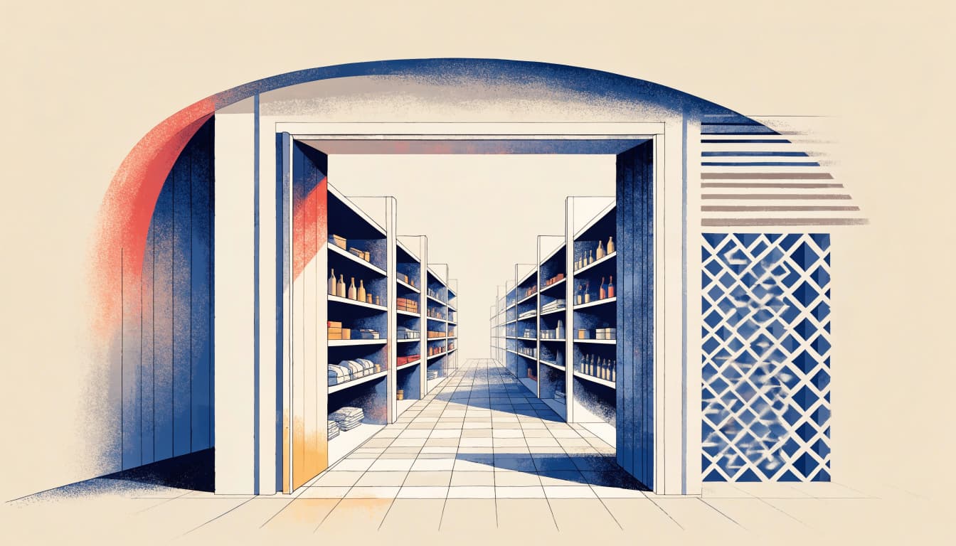 A tidy shop display with orderly shelves and a clear path through the doorway.