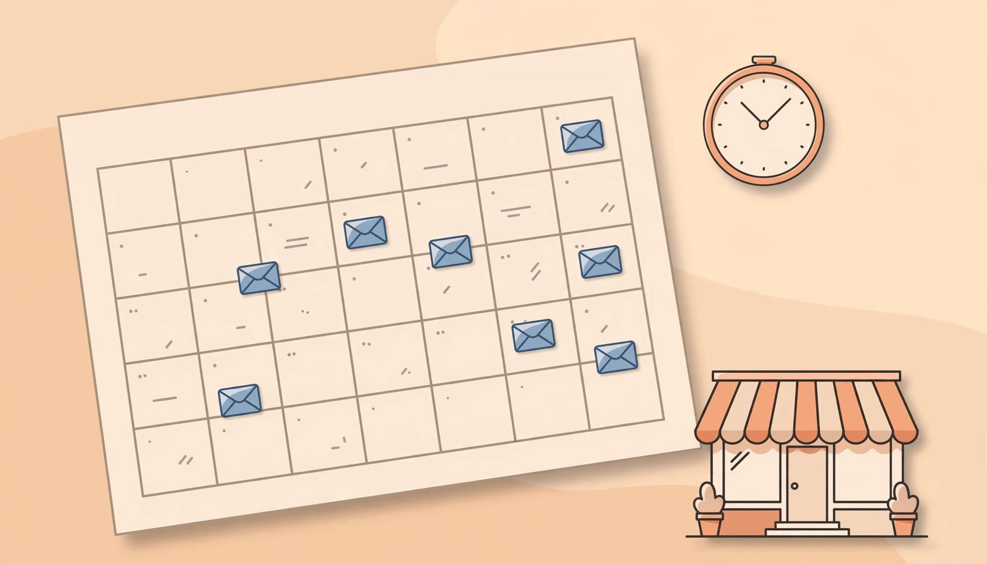 A calendar page with email icons, a wall clock, and a storefront illustration on a warm background.