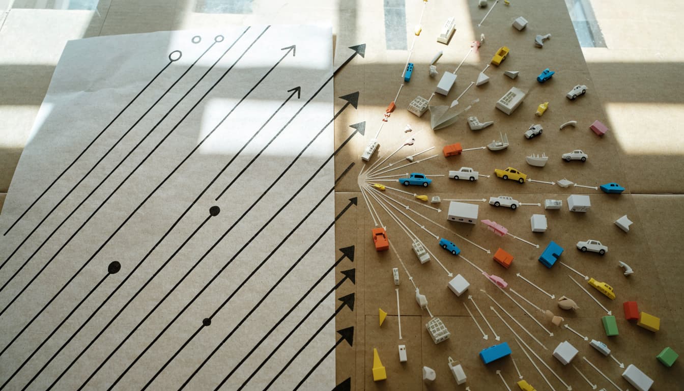 Paper logs and small product icons form a path across a workbench.