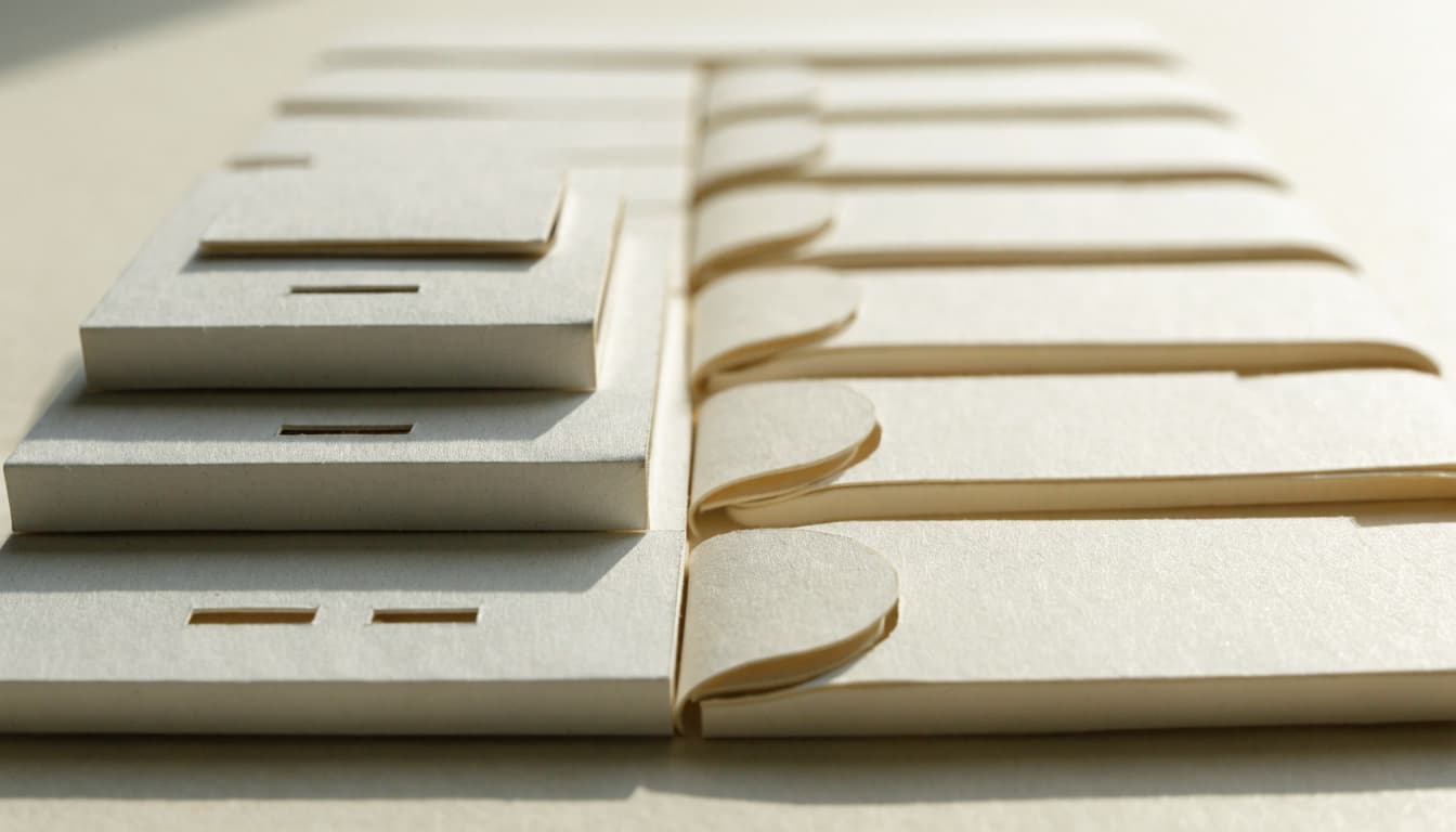 A small stack of paper cards connects to a longer sequence on a studio surface.