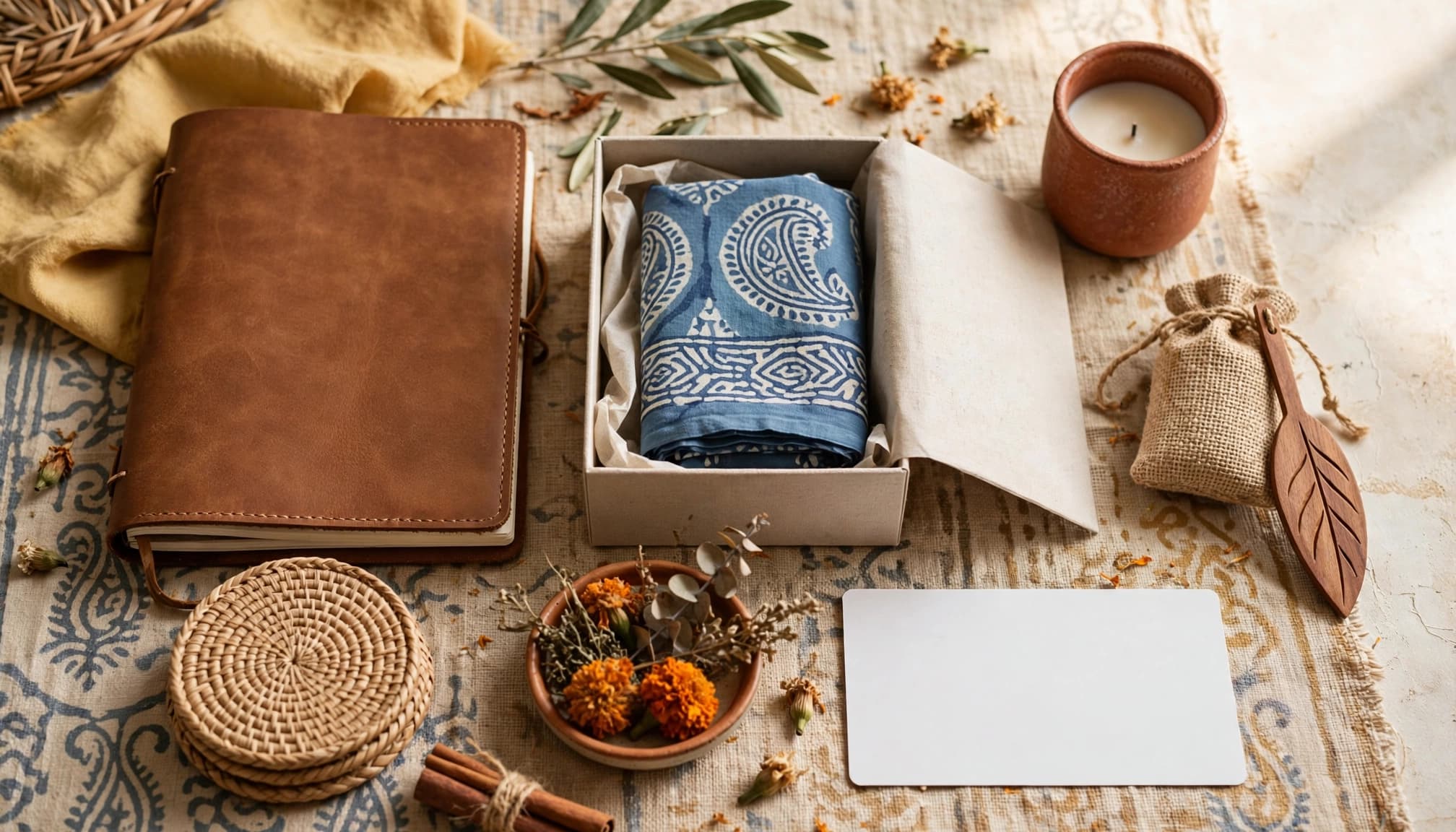 A notebook, gift box, and blank access card arranged in a sunlit studio.