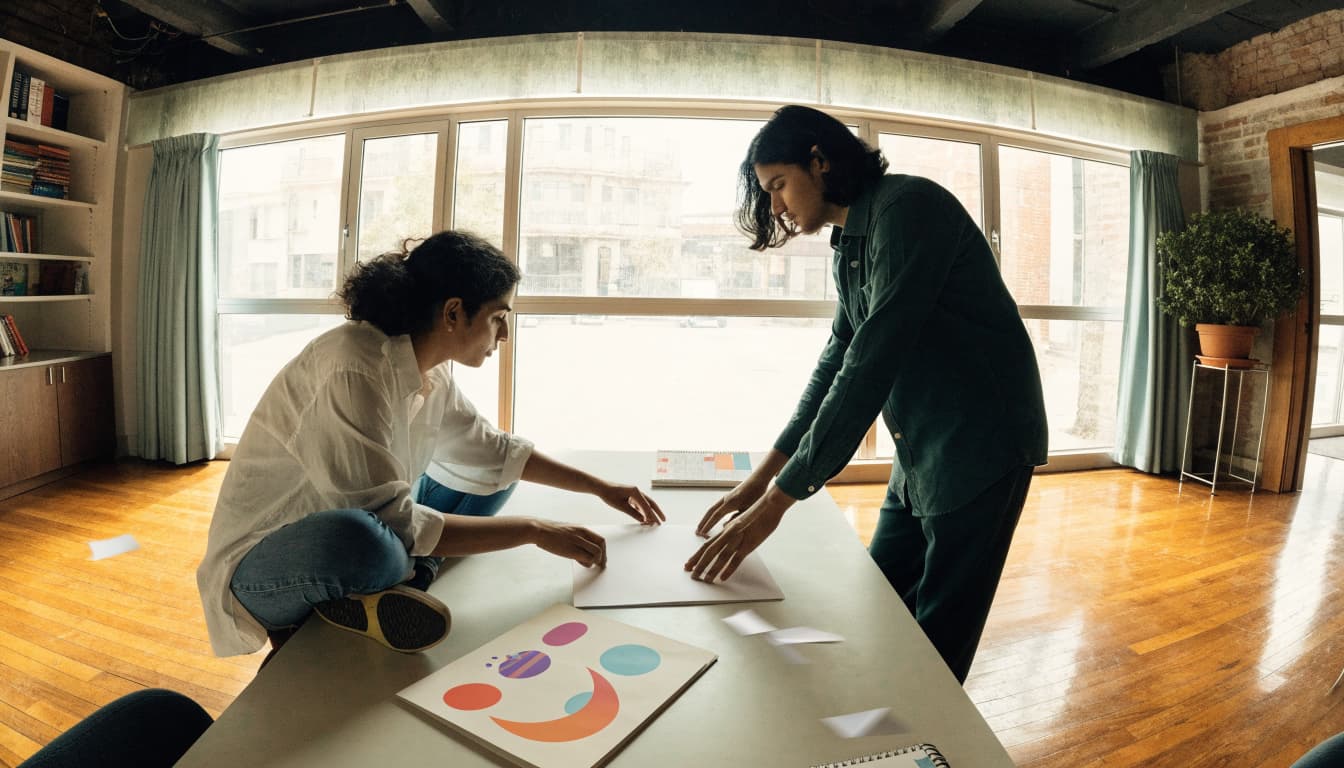 Two teammates prepare a folder, brochure, and calendar on a studio table.