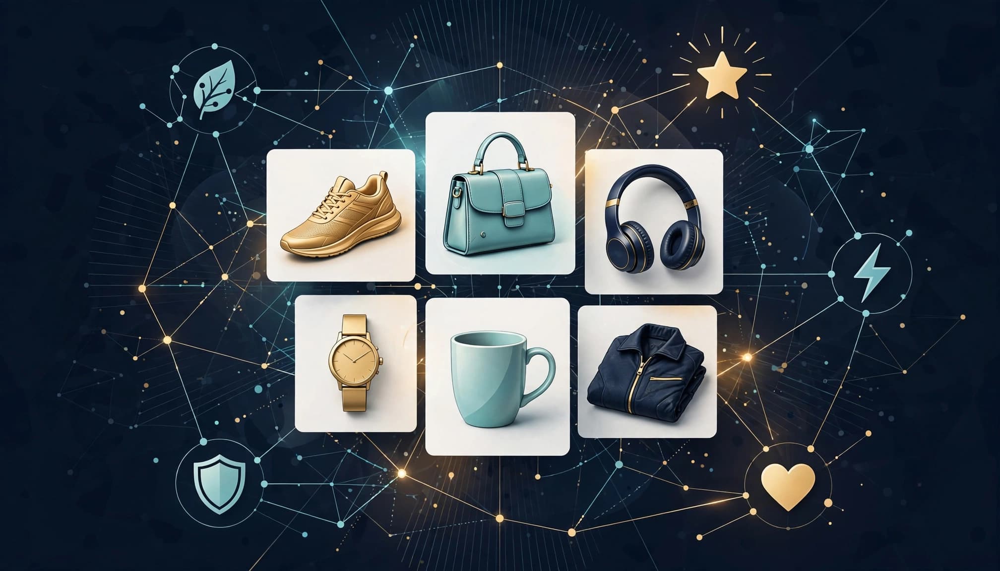 An abstract e-commerce visualization featuring product cards on a glowing dark blue network background.