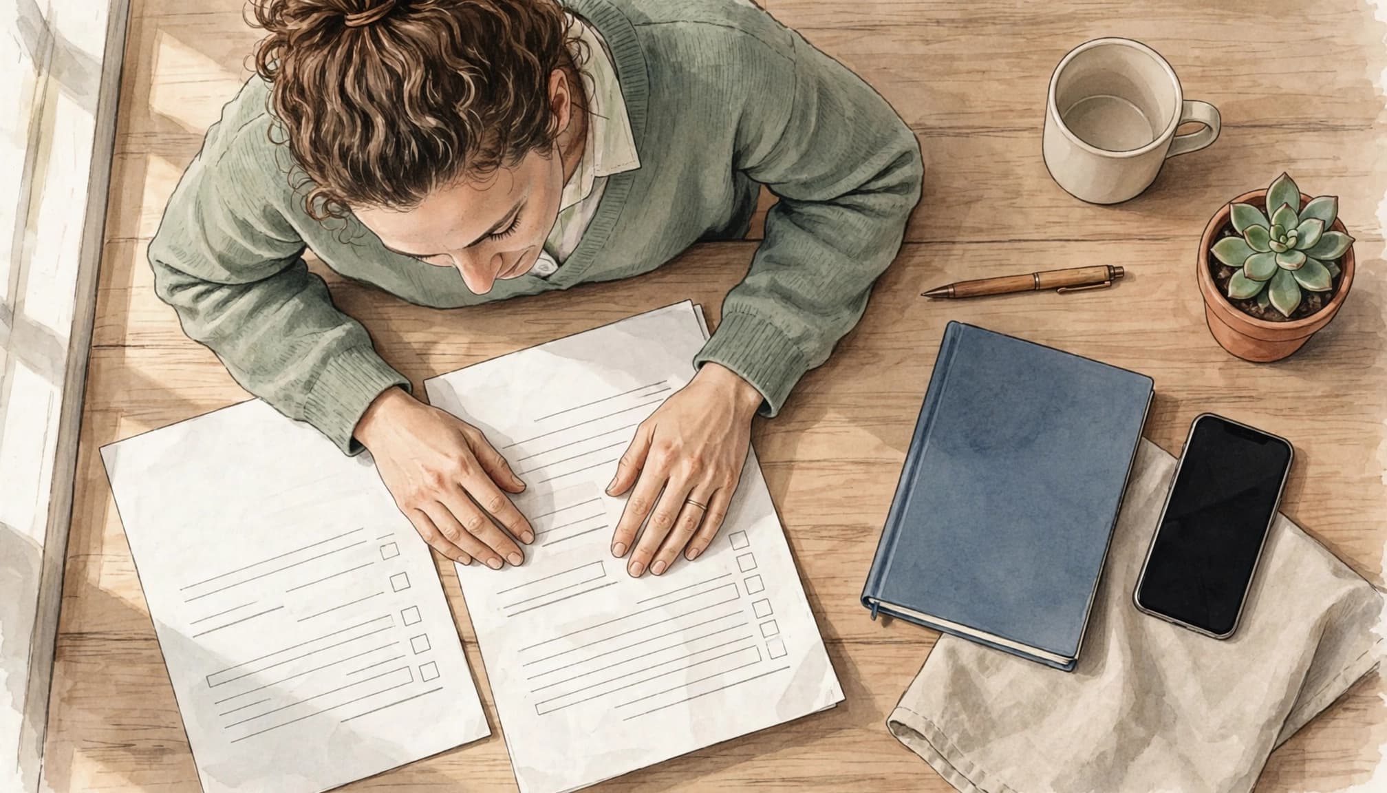 An overhead view of a person at a wooden desk with papers, a notebook, a phone, and a small potted plant.