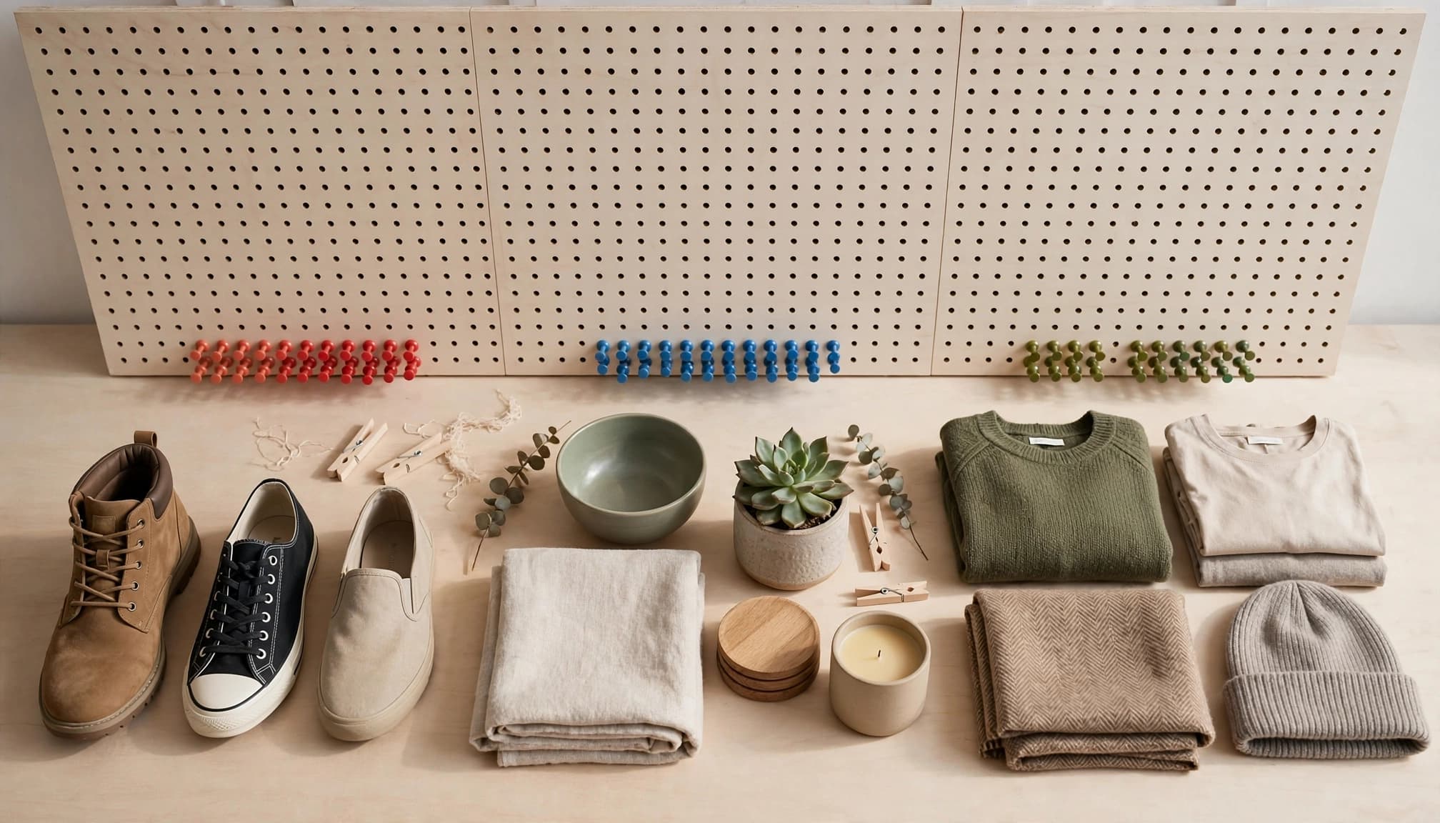 Footwear, clothing, and home goods arranged in groups with colored pins.