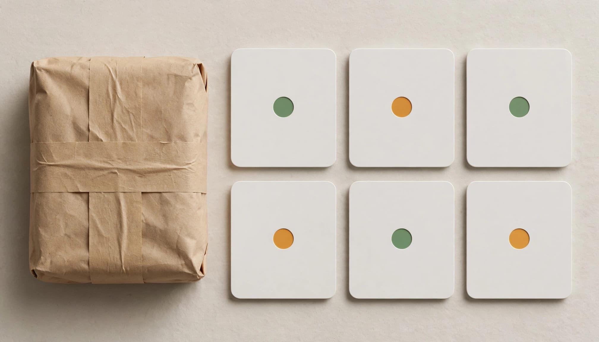 A packaged item beside data tiles with green and amber indicators.