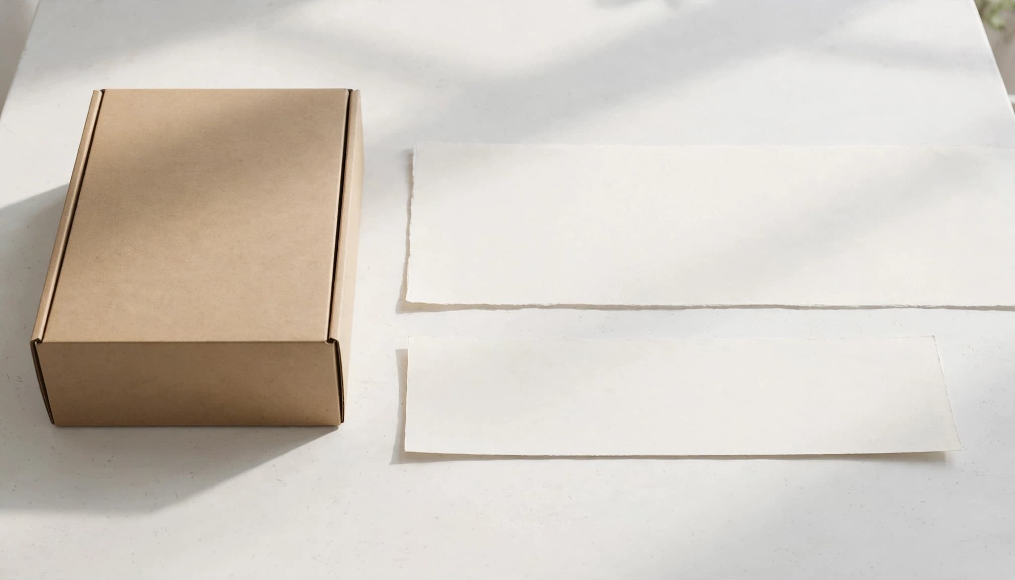 Illustrated packaging beside two blank metadata strips