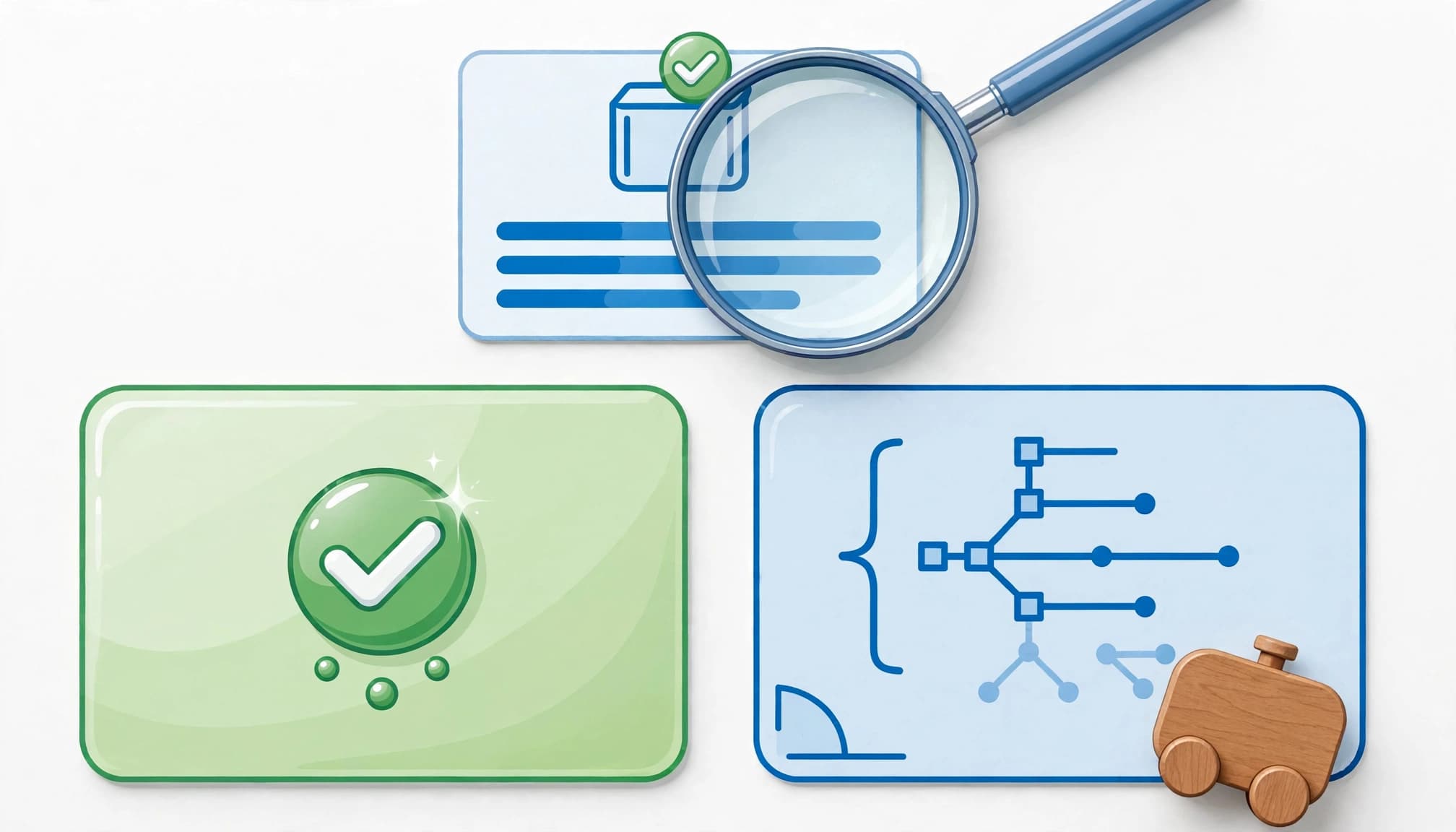 Magnifying glass beside validation panels.