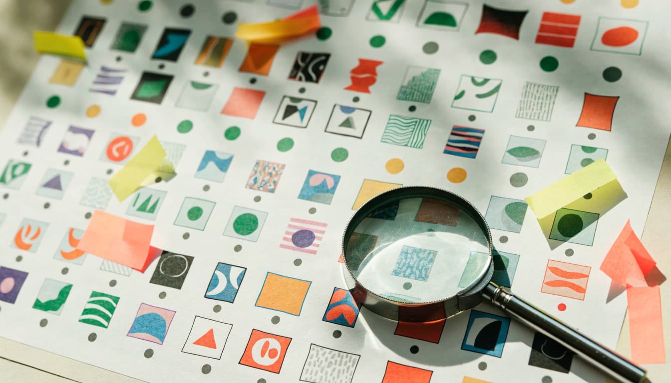 A printed product grid with colored dots, sticky tabs, and a magnifying glass.