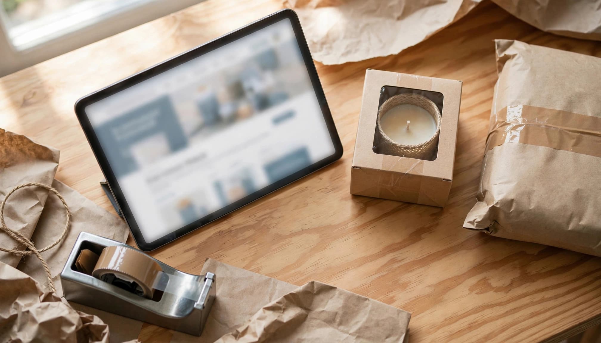 Product page beside packing materials.