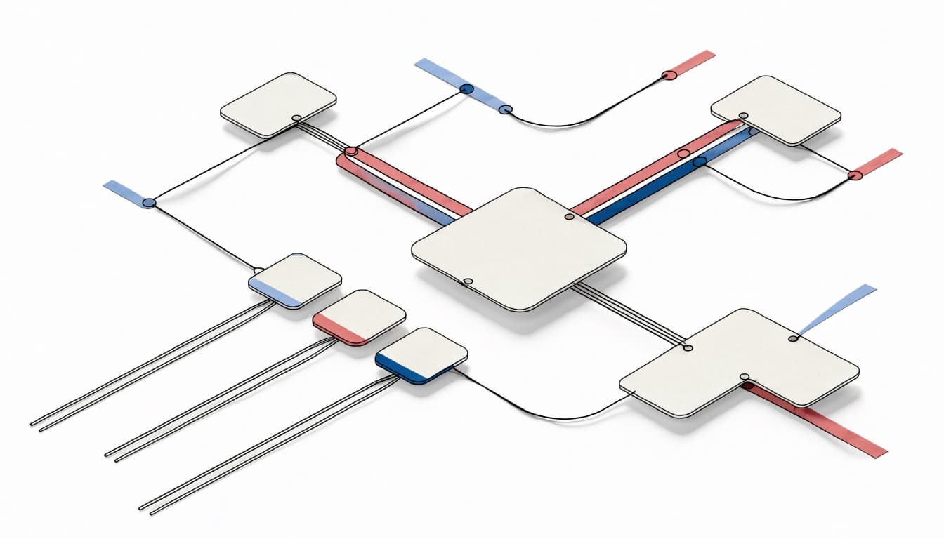A central product card connects to smaller blue and coral option cards.