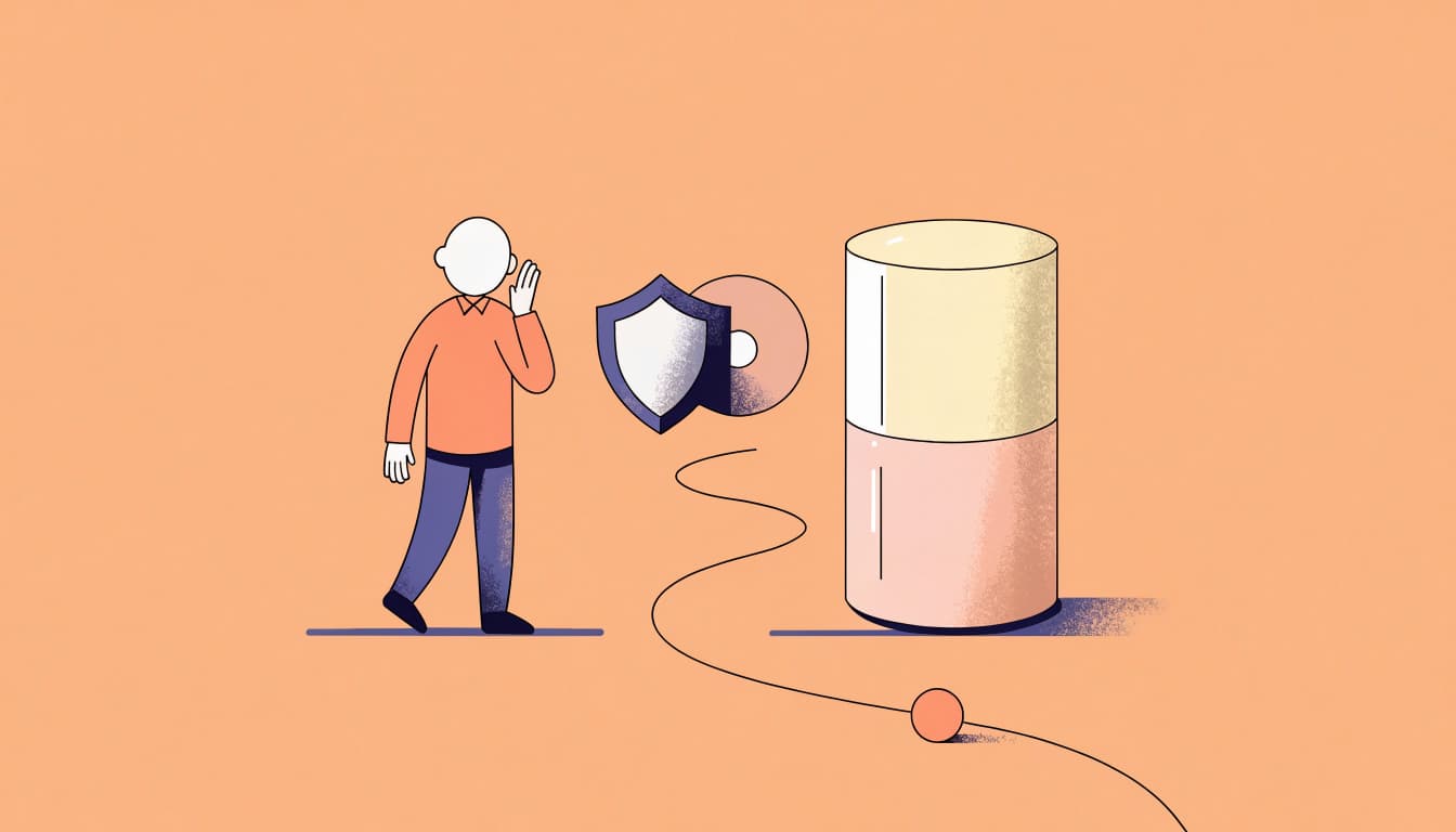 An illustration of a figure hesitating near a product cylinder with a shield icon.