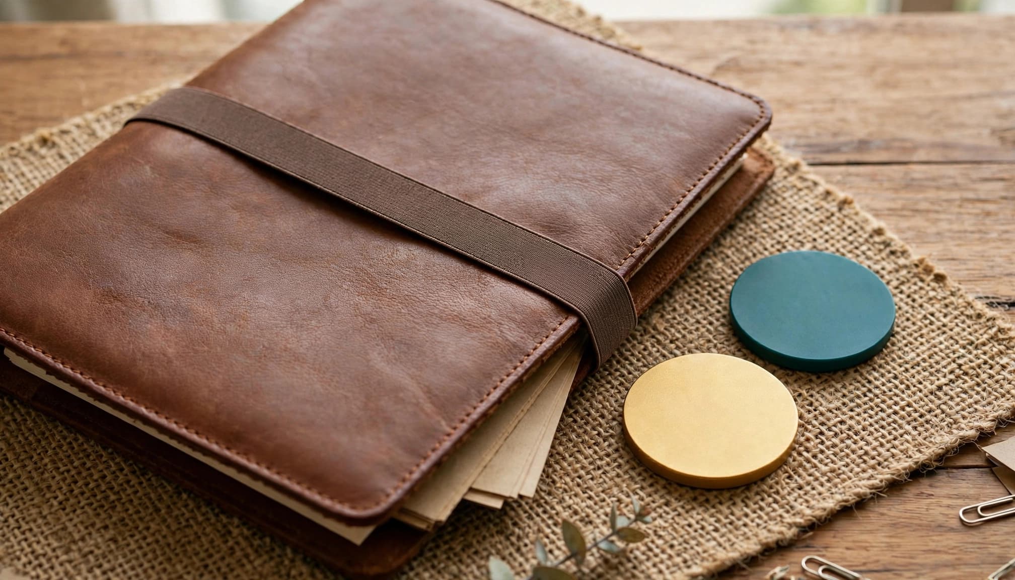 A closed folder sits beside two colored tokens on an office table.