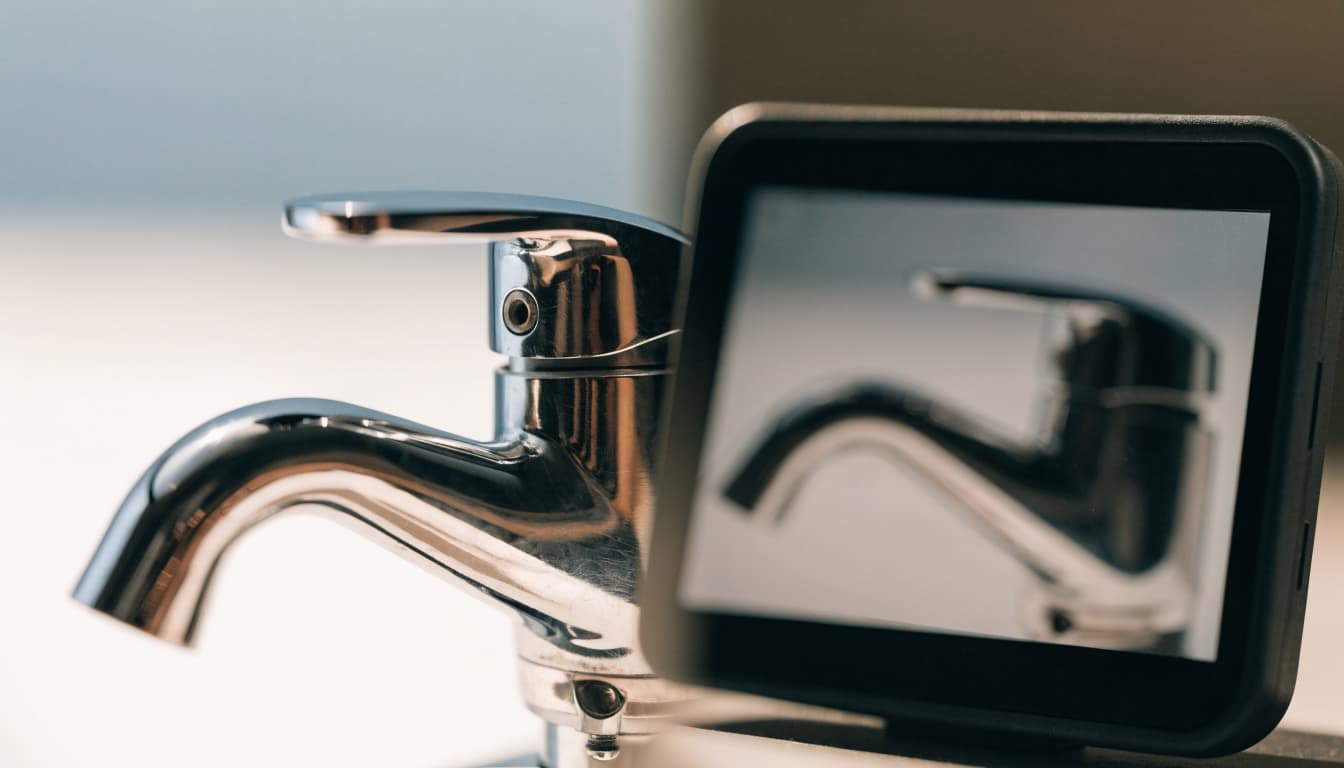 A repaired faucet beside a monitor showing a blurred view of the same faucet.