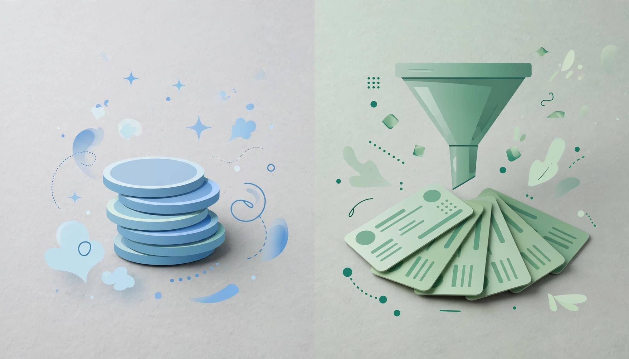 A stack of blue tokens on the left and a green funnel filtering contact cards on the right.