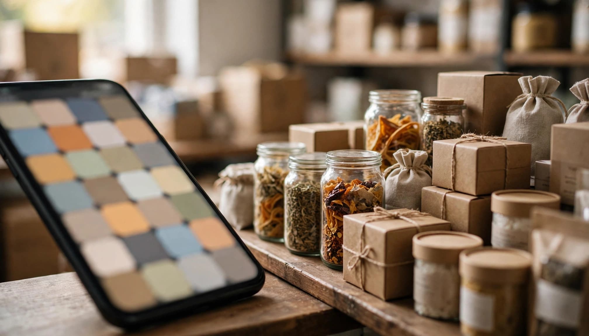 A phone with blurred color tiles sits beside neatly arranged products on a shelf.
