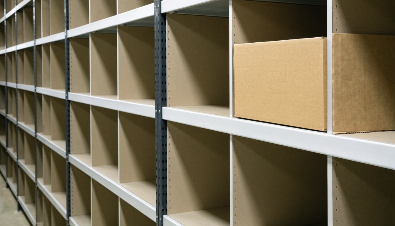 An empty shelf compartment beside a plain cardboard carton.