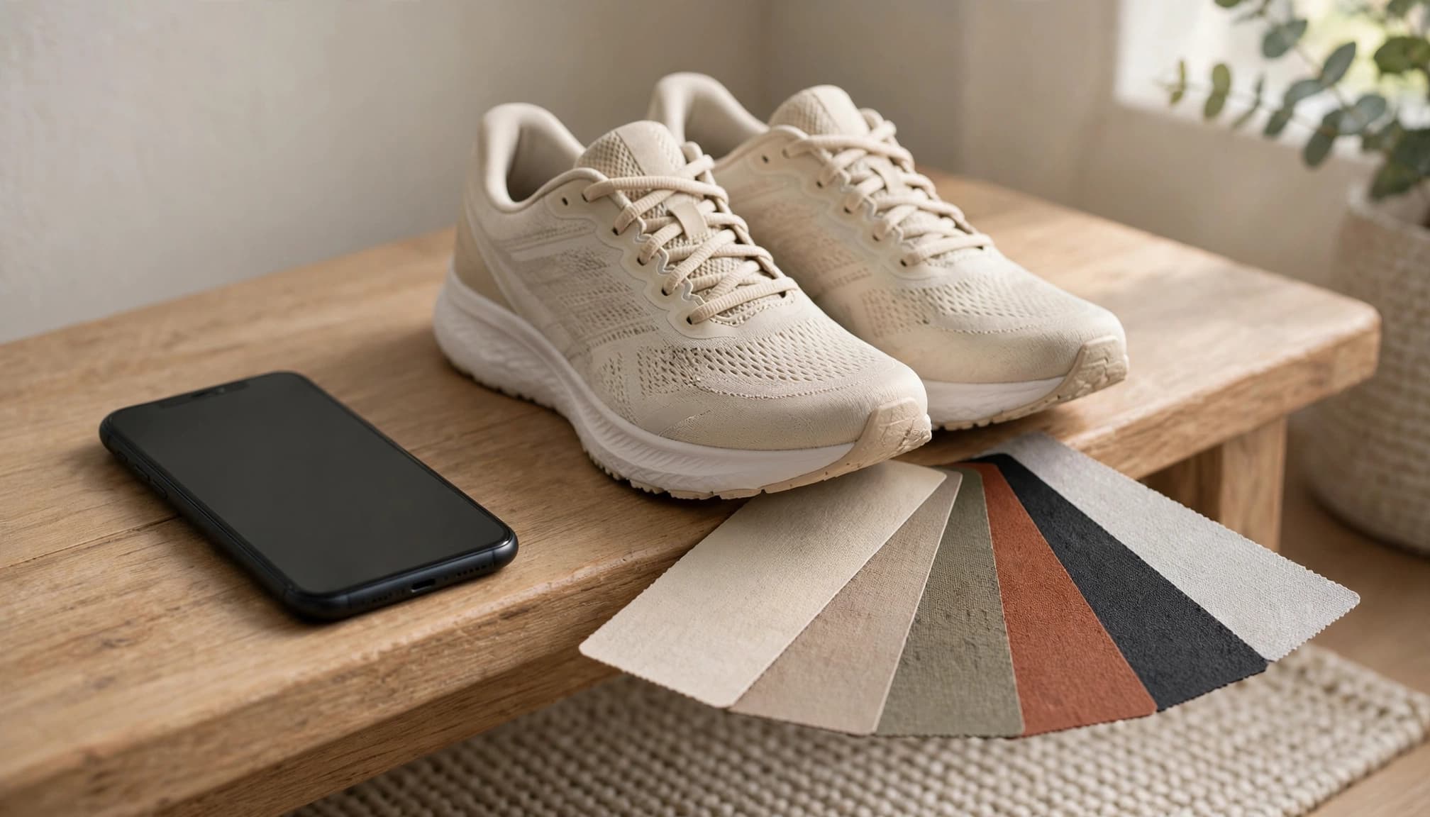 A phone, running shoes, and color swatches arranged on an entryway floor.