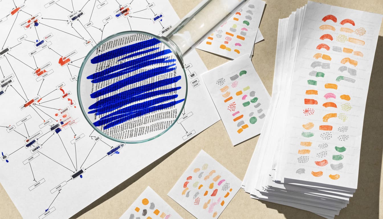 A magnifying lens rests over a printed site map beside stacked marked reports.