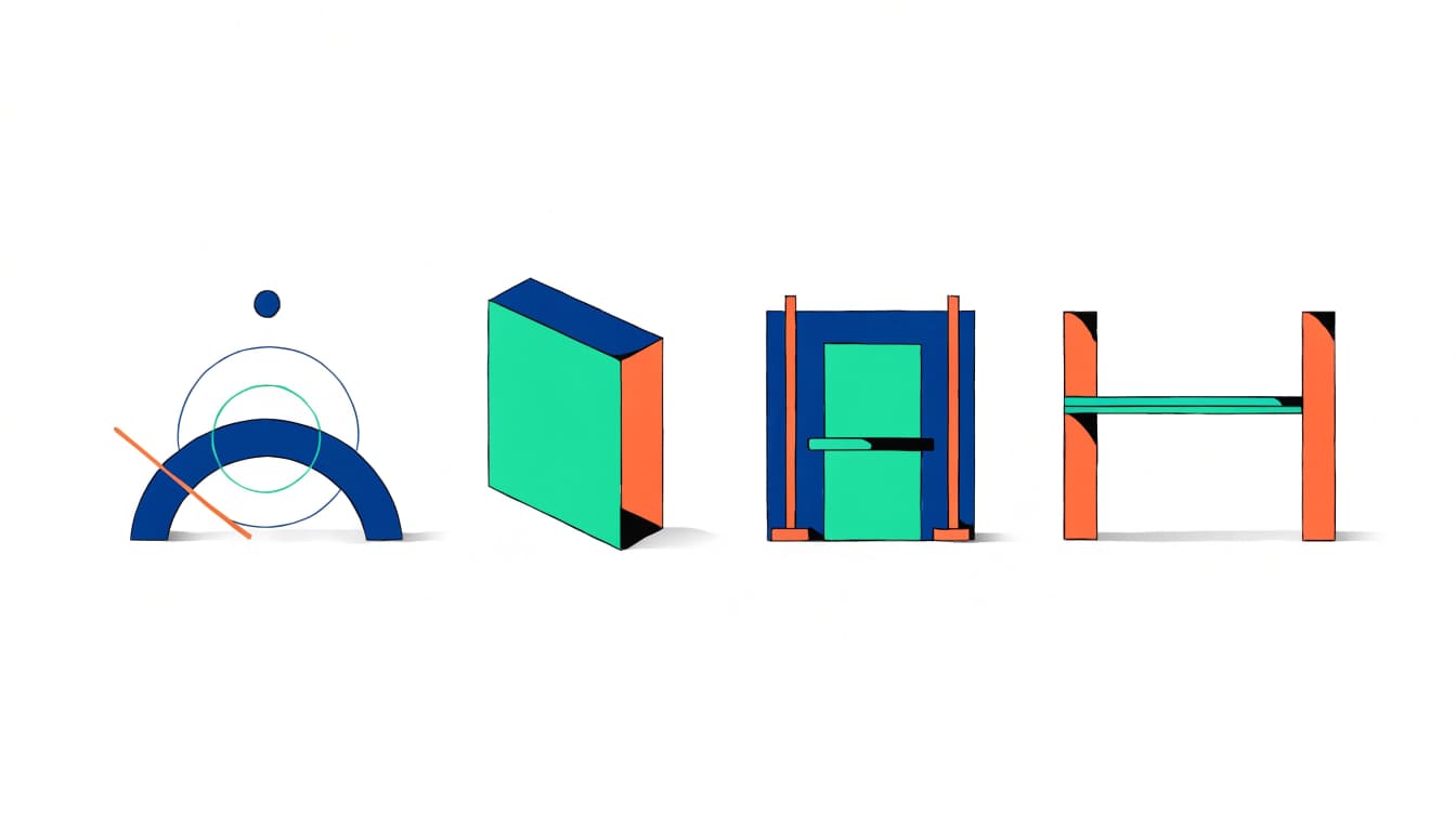 A pointer, closed book, gate, and empty shelf arranged in a row on white.