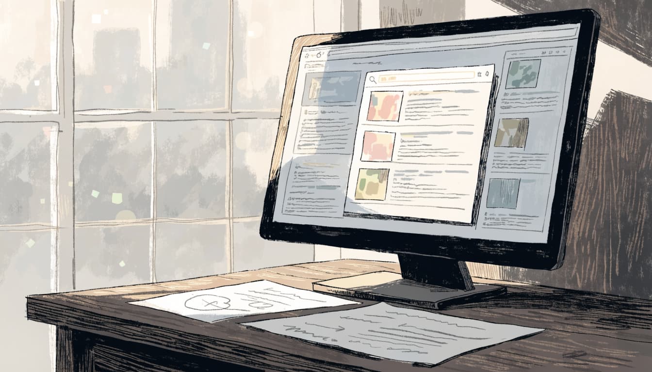 Monitor displaying an abstract search results page.