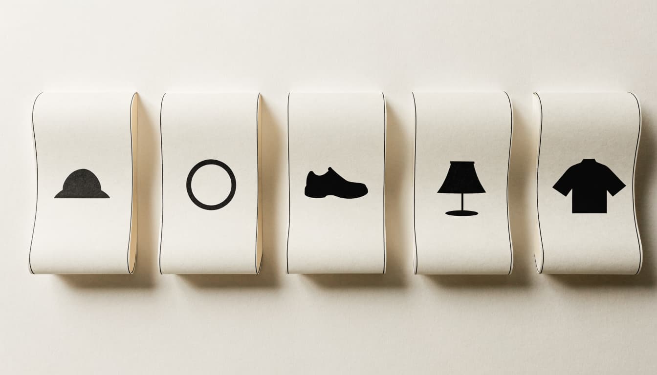 Five paper cards with different product silhouettes arranged in a row.