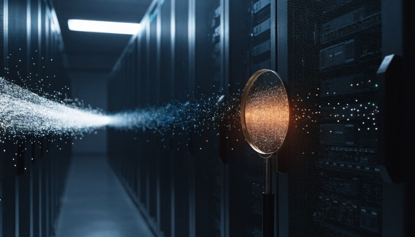 A magnifying glass highlights light points beside a server rack as more racks recede into the aisle.