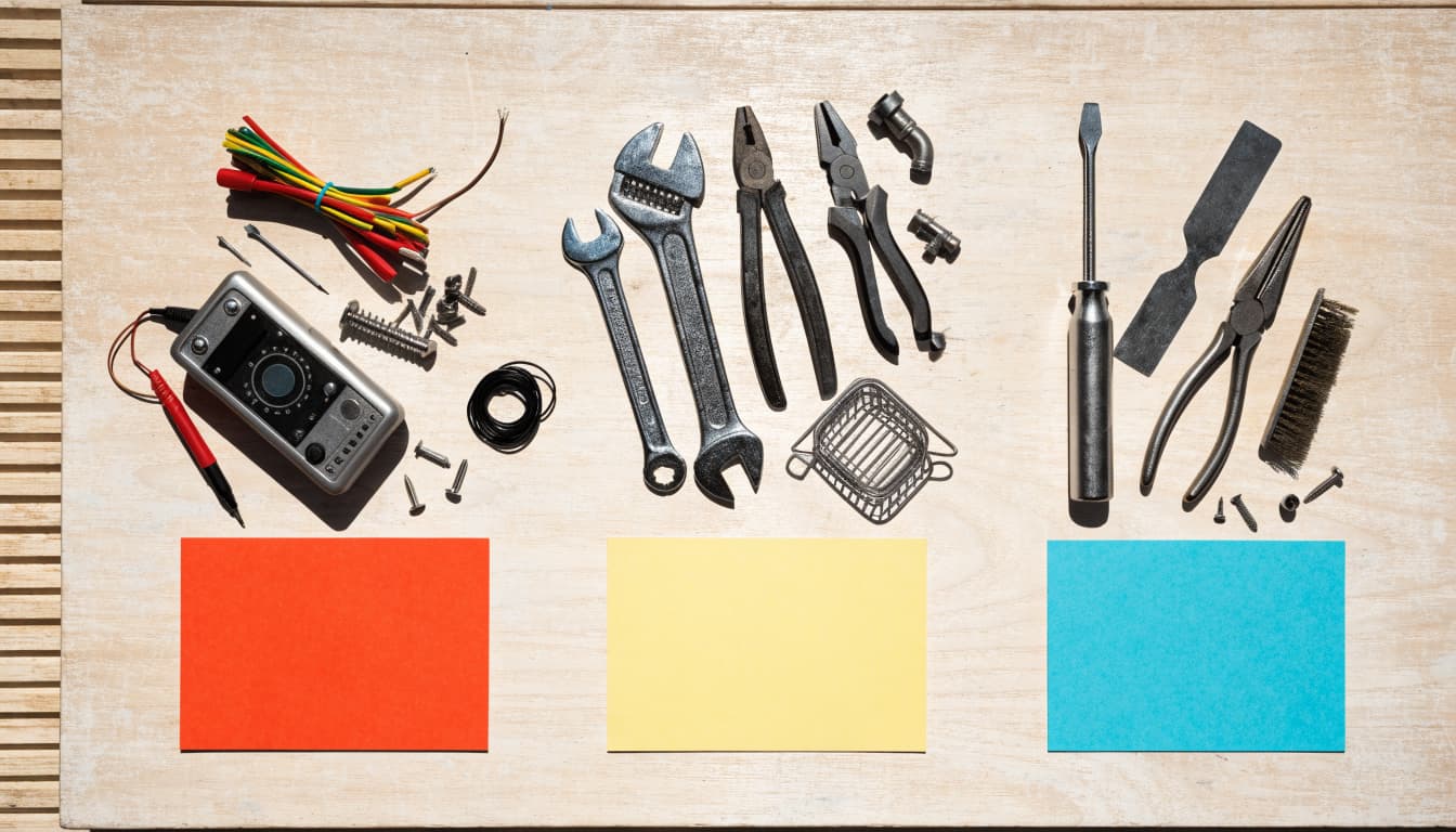 Electrician, plumbing, and appliance repair tools sit beside colored blank cards.