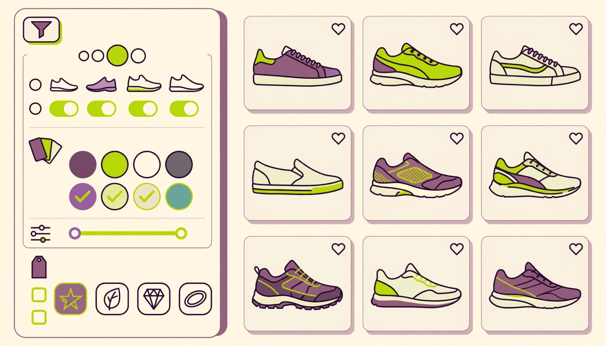 An e-commerce filter panel with icons and swatches alongside a grid of nine shoes.