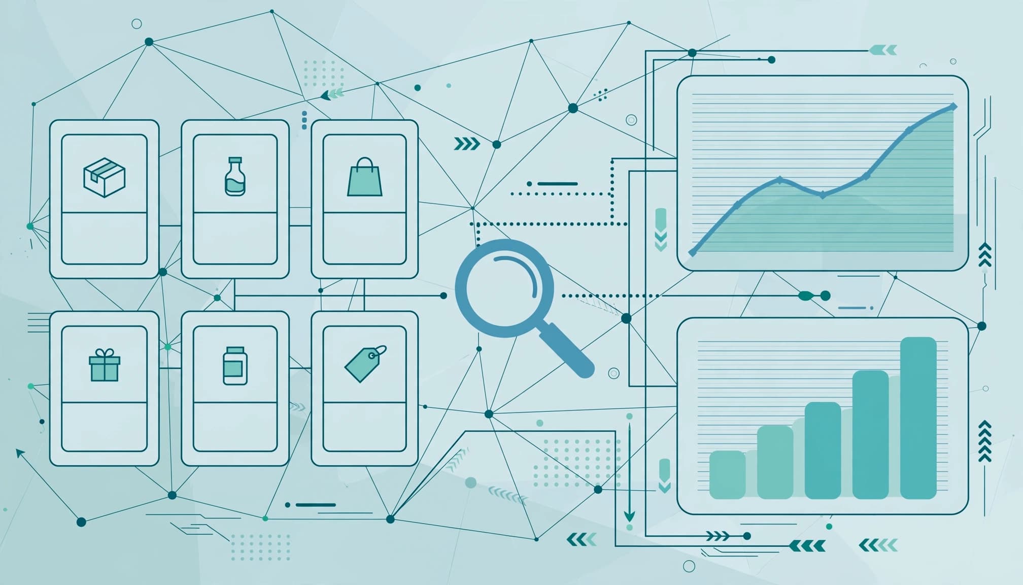 An infographic with product page cards, a magnifying glass icon, and sales charts on a blue-green network background.