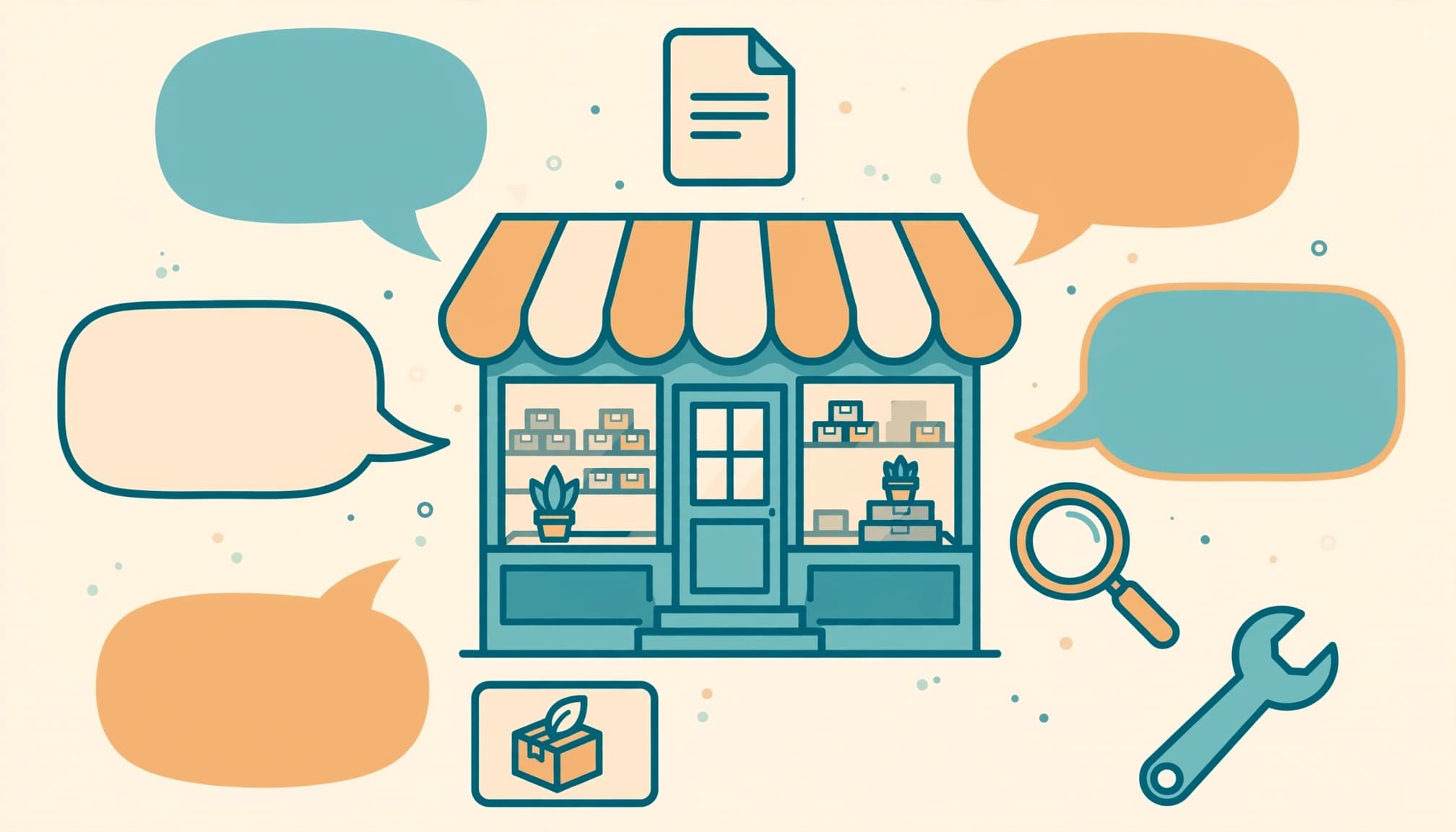 A storefront surrounded by search and publishing symbols.